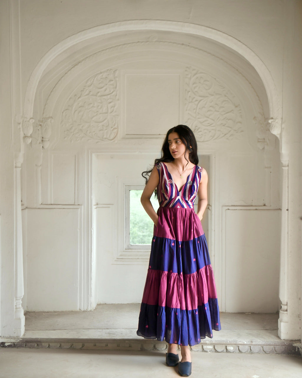 Multicolor Embroidered Tiered Dress by Taro with Azo Free Dyes, Best Selling, Chanderi Silk, Embroidered, FB ADS JUNE, Fitted At Waist, Garden of Dreams by Taro, Garden of Dreams by The Loom Art, July Sale, July Sale 2023, Maxi Dresses, Multicolor, Resort Wear, Sleeveless Dresses, Tiered Dresses, Womenswear at Kamakhyaa for sustainable fashion