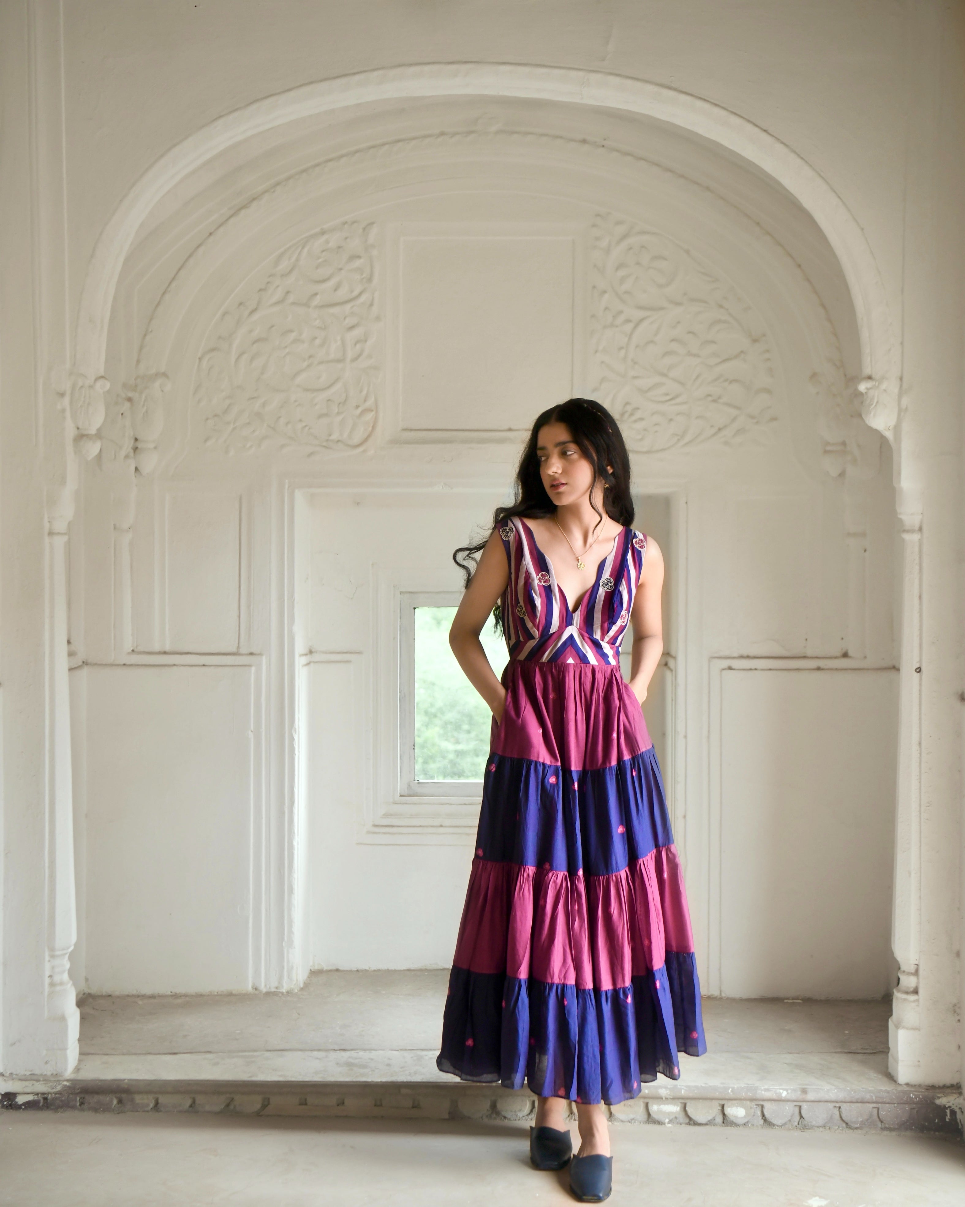 Multicolor Embroidered Tiered Dress by Taro with Azo Free Dyes, Best Selling, Chanderi Silk, Embroidered, FB ADS JUNE, Fitted At Waist, Garden of Dreams by Taro, Garden of Dreams by The Loom Art, July Sale, July Sale 2023, Maxi Dresses, Multicolor, Resort Wear, Sleeveless Dresses, Tiered Dresses, Womenswear at Kamakhyaa for sustainable fashion