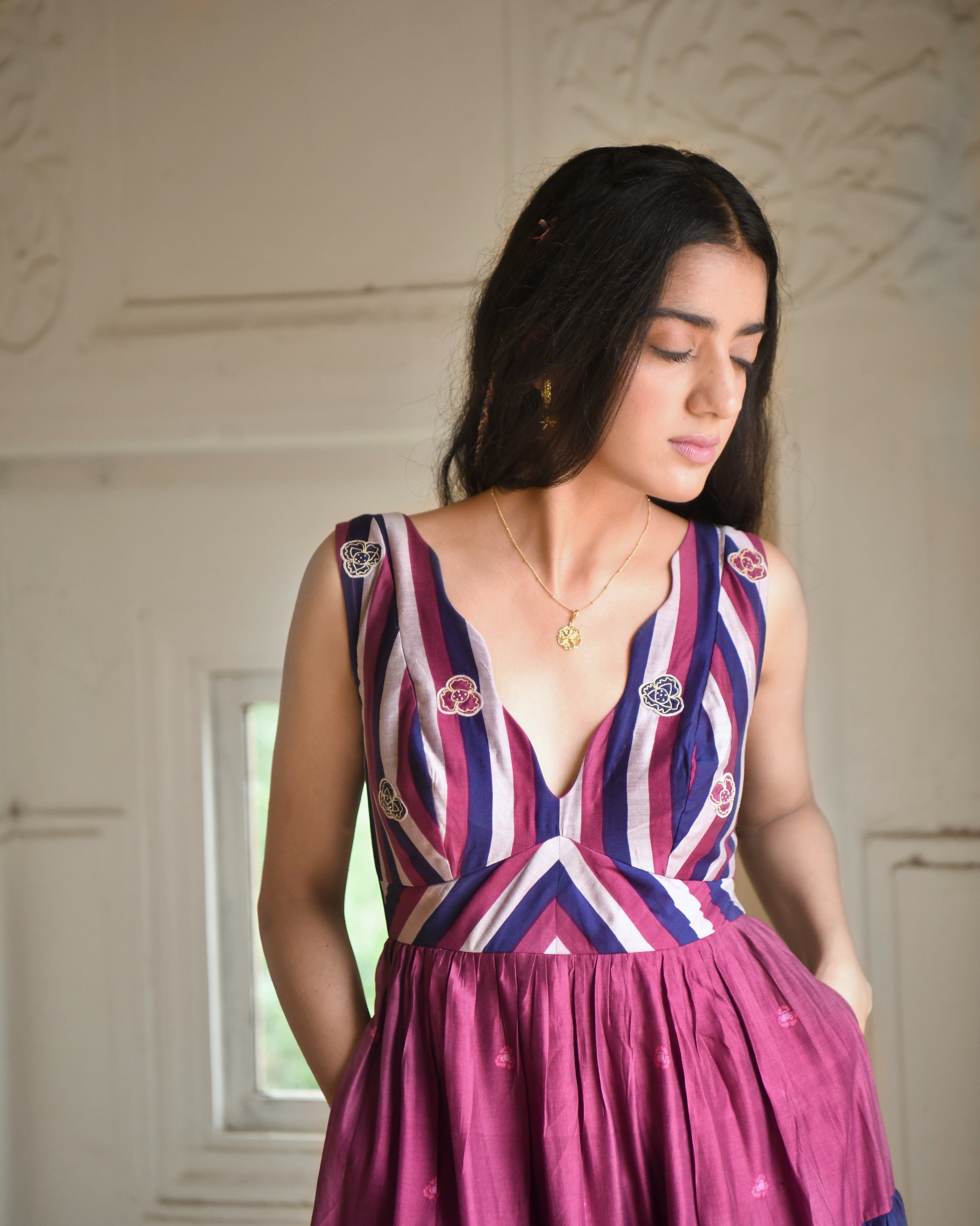 Multicolor Embroidered Tiered Dress by Taro with Azo Free Dyes, Best Selling, Chanderi Silk, Embroidered, FB ADS JUNE, Fitted At Waist, Garden of Dreams by Taro, Garden of Dreams by The Loom Art, July Sale, July Sale 2023, Maxi Dresses, Multicolor, Resort Wear, Sleeveless Dresses, Tiered Dresses, Womenswear at Kamakhyaa for sustainable fashion