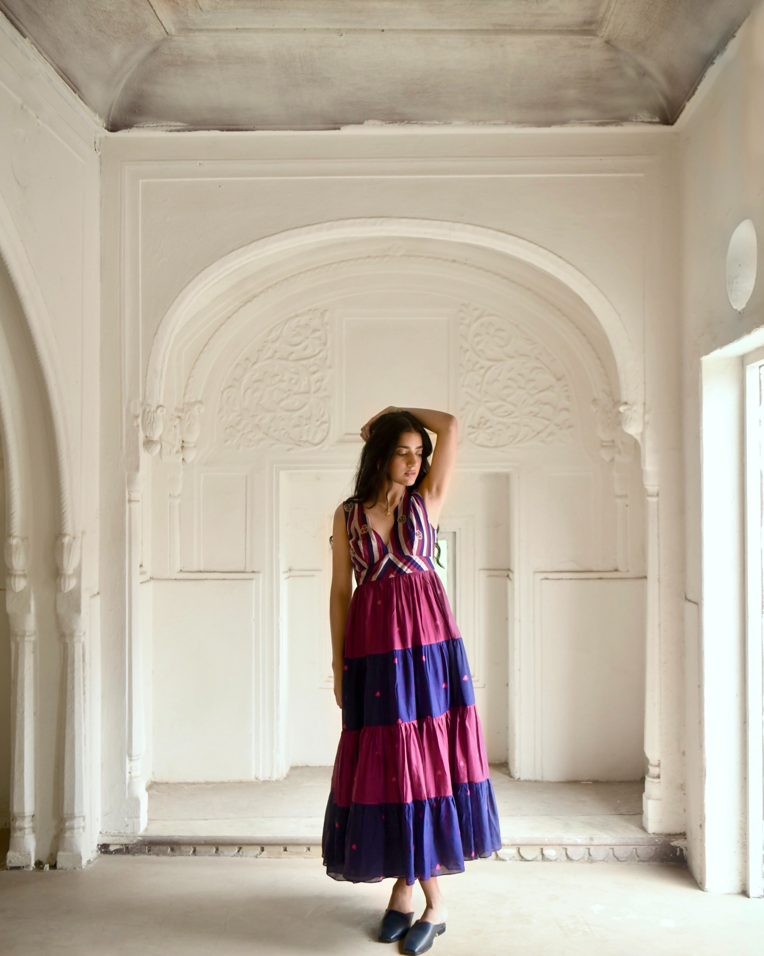 Multicolor Embroidered Tiered Dress by Taro with Azo Free Dyes, Best Selling, Chanderi Silk, Embroidered, FB ADS JUNE, Fitted At Waist, Garden of Dreams by Taro, Garden of Dreams by The Loom Art, July Sale, July Sale 2023, Maxi Dresses, Multicolor, Resort Wear, Sleeveless Dresses, Tiered Dresses, Womenswear at Kamakhyaa for sustainable fashion