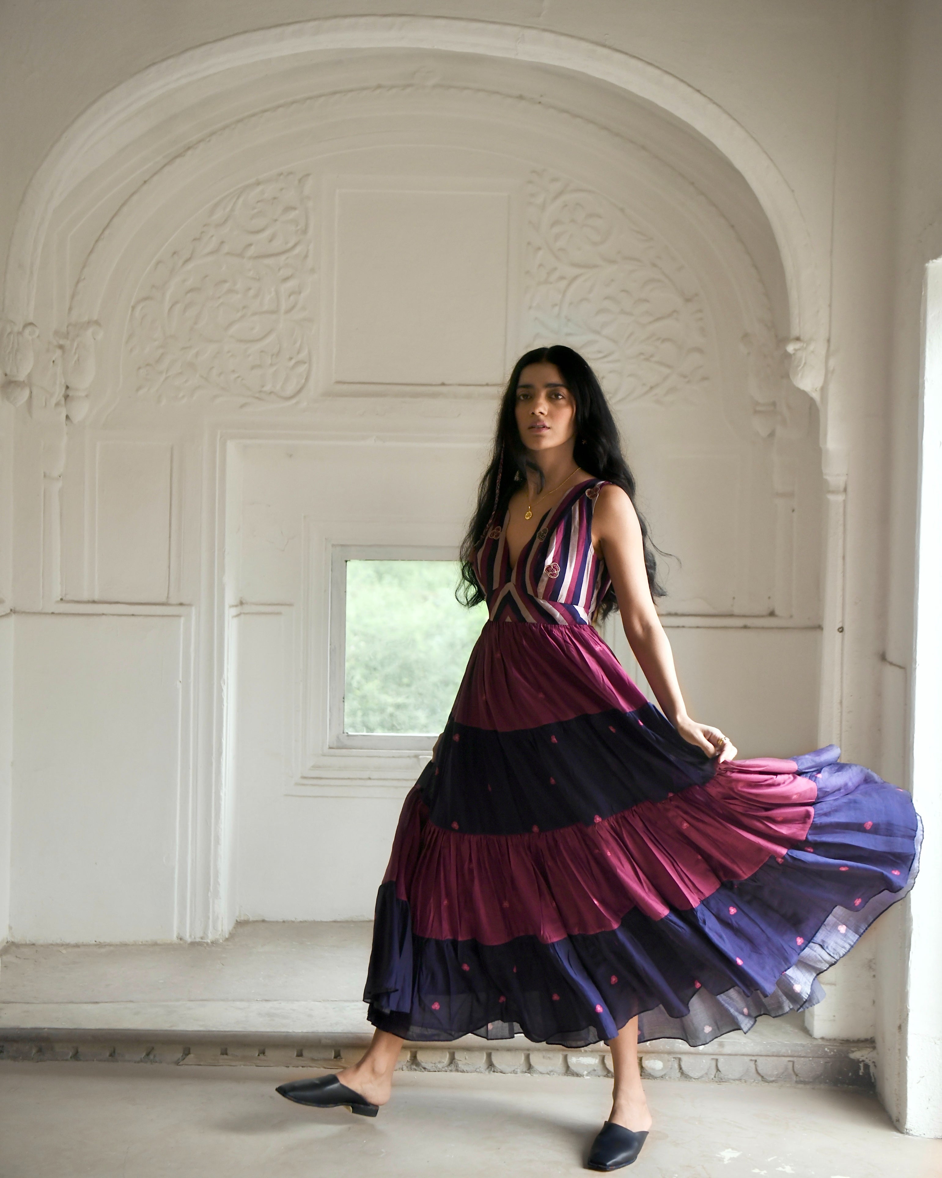 Multicolor Embroidered Tiered Dress by Taro with Azo Free Dyes, Best Selling, Chanderi Silk, Embroidered, FB ADS JUNE, Fitted At Waist, Garden of Dreams by Taro, Garden of Dreams by The Loom Art, July Sale, July Sale 2023, Maxi Dresses, Multicolor, Resort Wear, Sleeveless Dresses, Tiered Dresses, Womenswear at Kamakhyaa for sustainable fashion