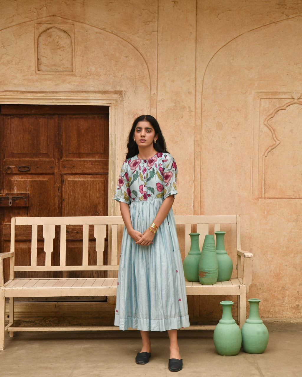 Blue Printed Midi Dress by Taro with Azo Free Dyes, Beads, Beads work, Blue, Chanderi Silk, Garden of Dreams by Taro, Garden of Dreams by The Loom Art, July Sale, July Sale 2023, Midi Dresses, Office Wear, Prints, Regular Fit, Womenswear at Kamakhyaa for sustainable fashion