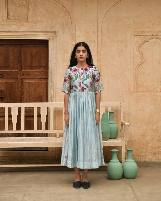 Blue Printed Midi Dress by Taro with Azo Free Dyes, Beads, Beads work, Blue, Chanderi Silk, Garden of Dreams by Taro, Garden of Dreams by The Loom Art, July Sale, July Sale 2023, Midi Dresses, Office Wear, Prints, Regular Fit, Womenswear at Kamakhyaa for sustainable fashion