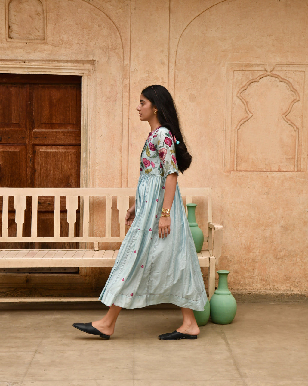 Blue Printed Midi Dress by Taro with Azo Free Dyes, Beads, Beads work, Blue, Chanderi Silk, Garden of Dreams by Taro, Garden of Dreams by The Loom Art, July Sale, July Sale 2023, Midi Dresses, Office Wear, Prints, Regular Fit, Womenswear at Kamakhyaa for sustainable fashion