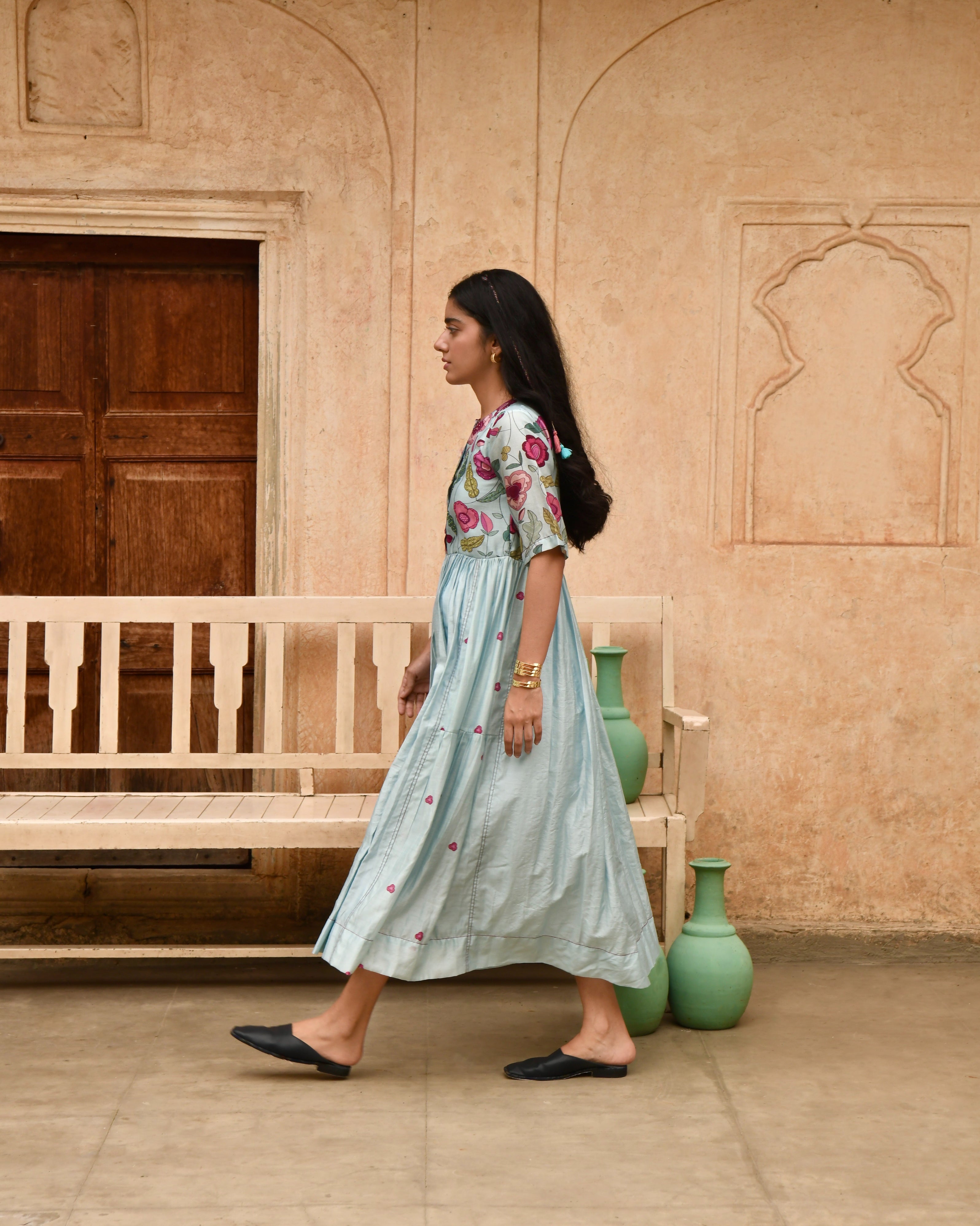 Blue Printed Midi Dress by Taro with Azo Free Dyes, Beads, Beads work, Blue, Chanderi Silk, Garden of Dreams by Taro, Garden of Dreams by The Loom Art, July Sale, July Sale 2023, Midi Dresses, Office Wear, Prints, Regular Fit, Womenswear at Kamakhyaa for sustainable fashion