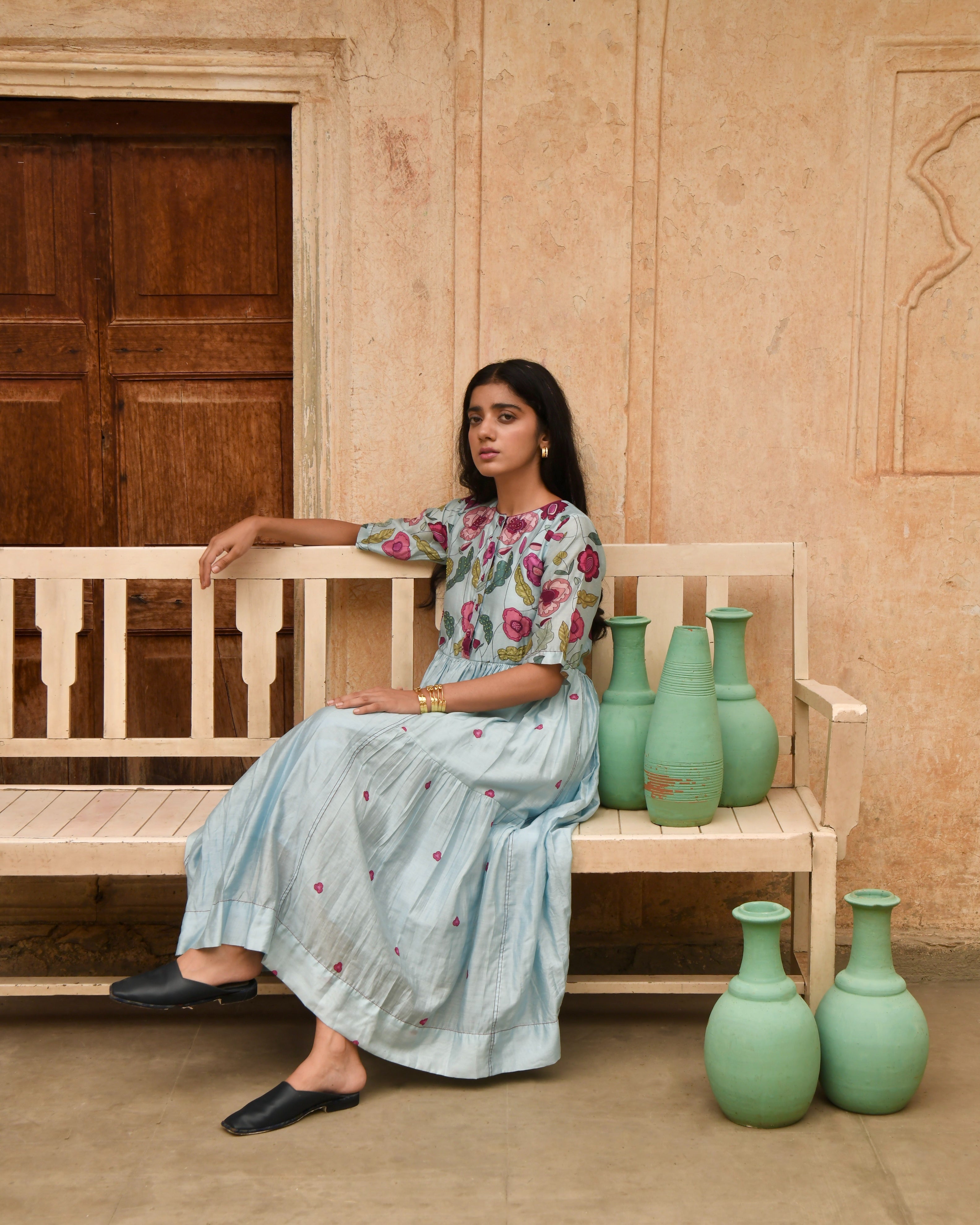 Blue Printed Midi Dress by Taro with Azo Free Dyes, Beads, Beads work, Blue, Chanderi Silk, Garden of Dreams by Taro, Garden of Dreams by The Loom Art, July Sale, July Sale 2023, Midi Dresses, Office Wear, Prints, Regular Fit, Womenswear at Kamakhyaa for sustainable fashion