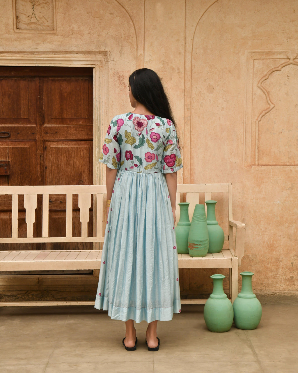 Blue Printed Midi Dress by Taro with Azo Free Dyes, Beads, Beads work, Blue, Chanderi Silk, Garden of Dreams by Taro, Garden of Dreams by The Loom Art, July Sale, July Sale 2023, Midi Dresses, Office Wear, Prints, Regular Fit, Womenswear at Kamakhyaa for sustainable fashion