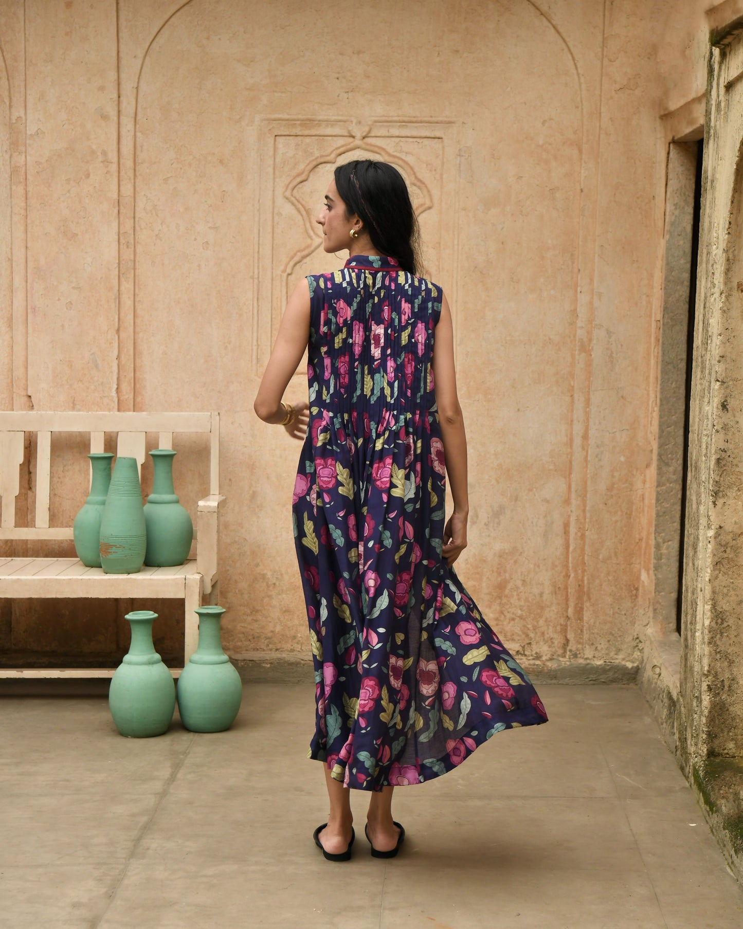 Blue Printed Shirt Dress by Taro with Azo Free Dyes, Blue, Casual Wear, Chanderi Silk, Garden of Dreams by Taro, Garden of Dreams by The Loom Art, July Sale, July Sale 2023, Prints, Relaxed Fit, Shirt Dresses, Womenswear at Kamakhyaa for sustainable fashion