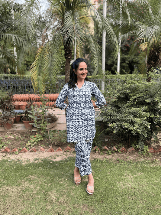 Blue Printed Top With Pant Set by Kamakhyaa with 100% pure cotton, Blue, Casual Wear, Complete Sets, FB ADS JUNE, Fitted At Waist, KKYSS, Naturally Made, Printed, Relaxed Fit, Summer Sutra, Womenswear at Kamakhyaa for sustainable fashion