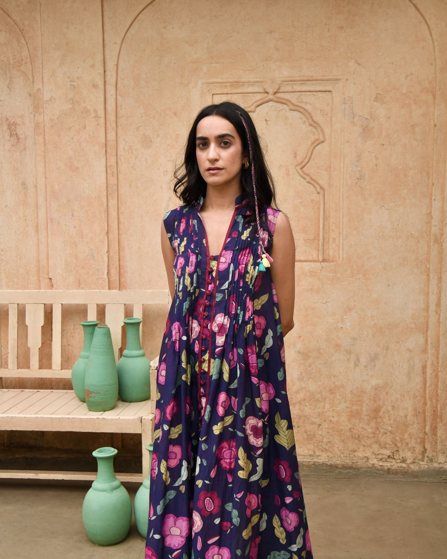 Blue Printed Shirt Dress by Taro with Azo Free Dyes, Blue, Casual Wear, Chanderi Silk, Garden of Dreams by Taro, Garden of Dreams by The Loom Art, July Sale, July Sale 2023, Prints, Relaxed Fit, Shirt Dresses, Womenswear at Kamakhyaa for sustainable fashion