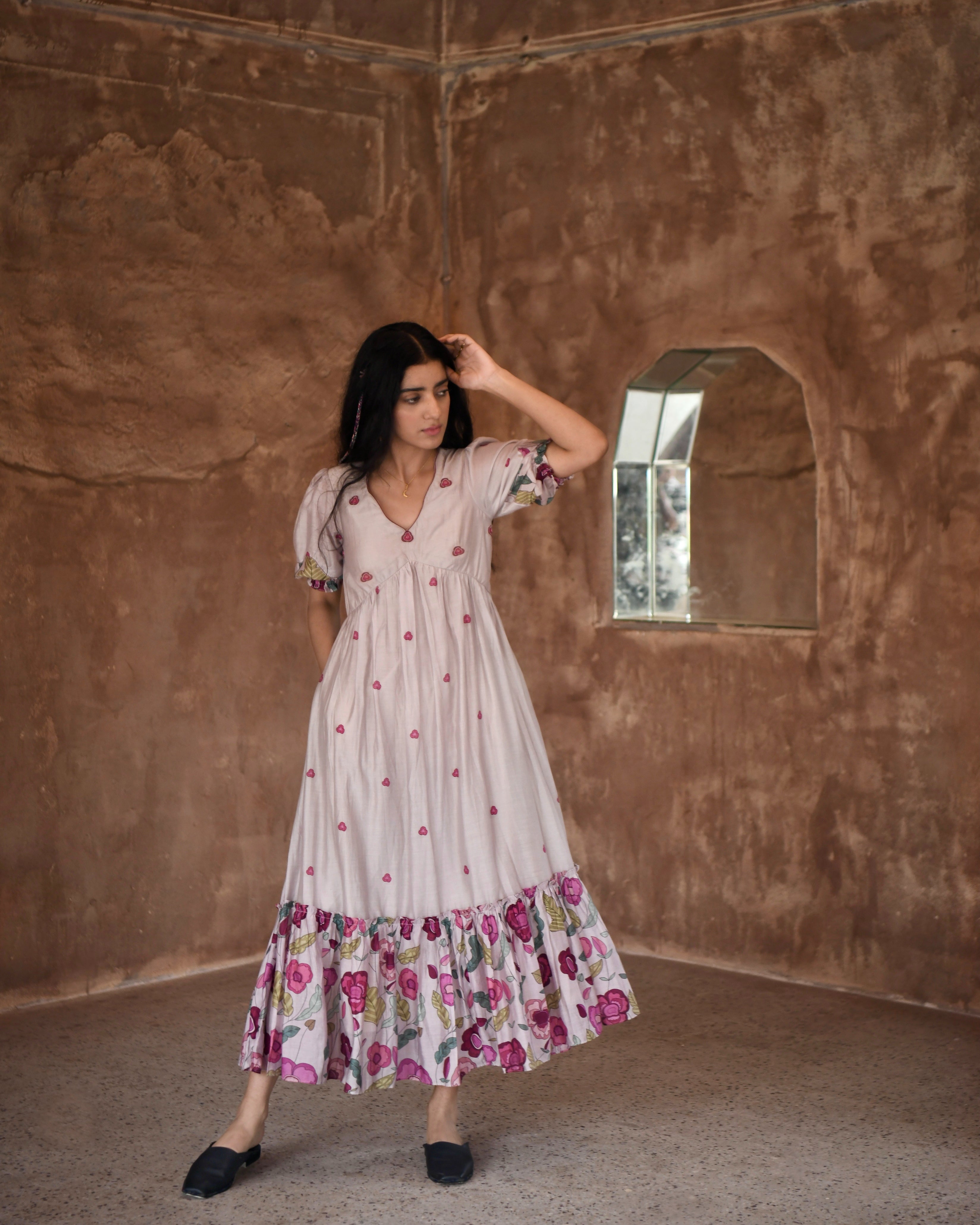 Grey Chanderi Silk Midi Dress by Taro with Azo Free Dyes, Beads, Beads work, Casual Wear, Chanderi Silk, Embroidered, Fitted At Bust, Garden of Dreams by Taro, Garden of Dreams by The Loom Art, Grey, July Sale, July Sale 2023, Kurtas, Midi Dresses, Prints, Tiered Dresses, Womenswear at Kamakhyaa for sustainable fashion