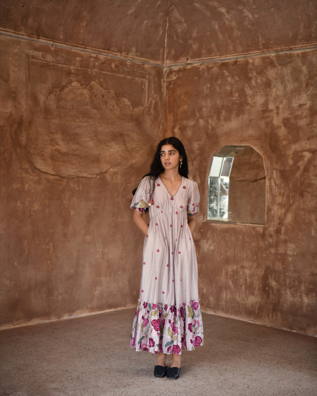 Grey Chanderi Silk Midi Dress by Taro with Azo Free Dyes, Beads, Beads work, Casual Wear, Chanderi Silk, Embroidered, Fitted At Bust, Garden of Dreams by Taro, Garden of Dreams by The Loom Art, Grey, July Sale, July Sale 2023, Kurtas, Midi Dresses, Prints, Tiered Dresses, Womenswear at Kamakhyaa for sustainable fashion