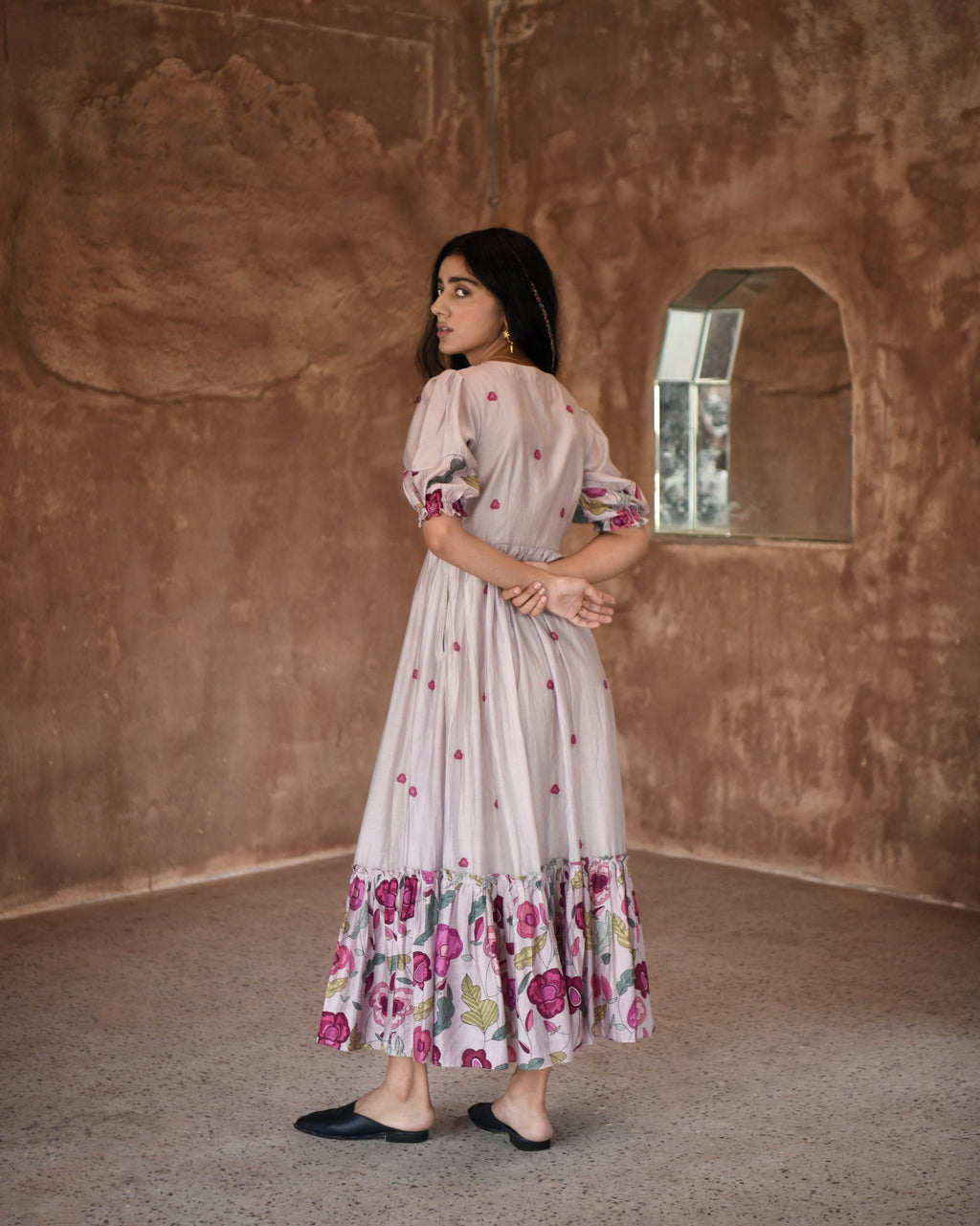 Grey Chanderi Silk Midi Dress by Taro with Azo Free Dyes, Beads, Beads work, Casual Wear, Chanderi Silk, Embroidered, Fitted At Bust, Garden of Dreams by Taro, Garden of Dreams by The Loom Art, Grey, July Sale, July Sale 2023, Kurtas, Midi Dresses, Prints, Tiered Dresses, Womenswear at Kamakhyaa for sustainable fashion