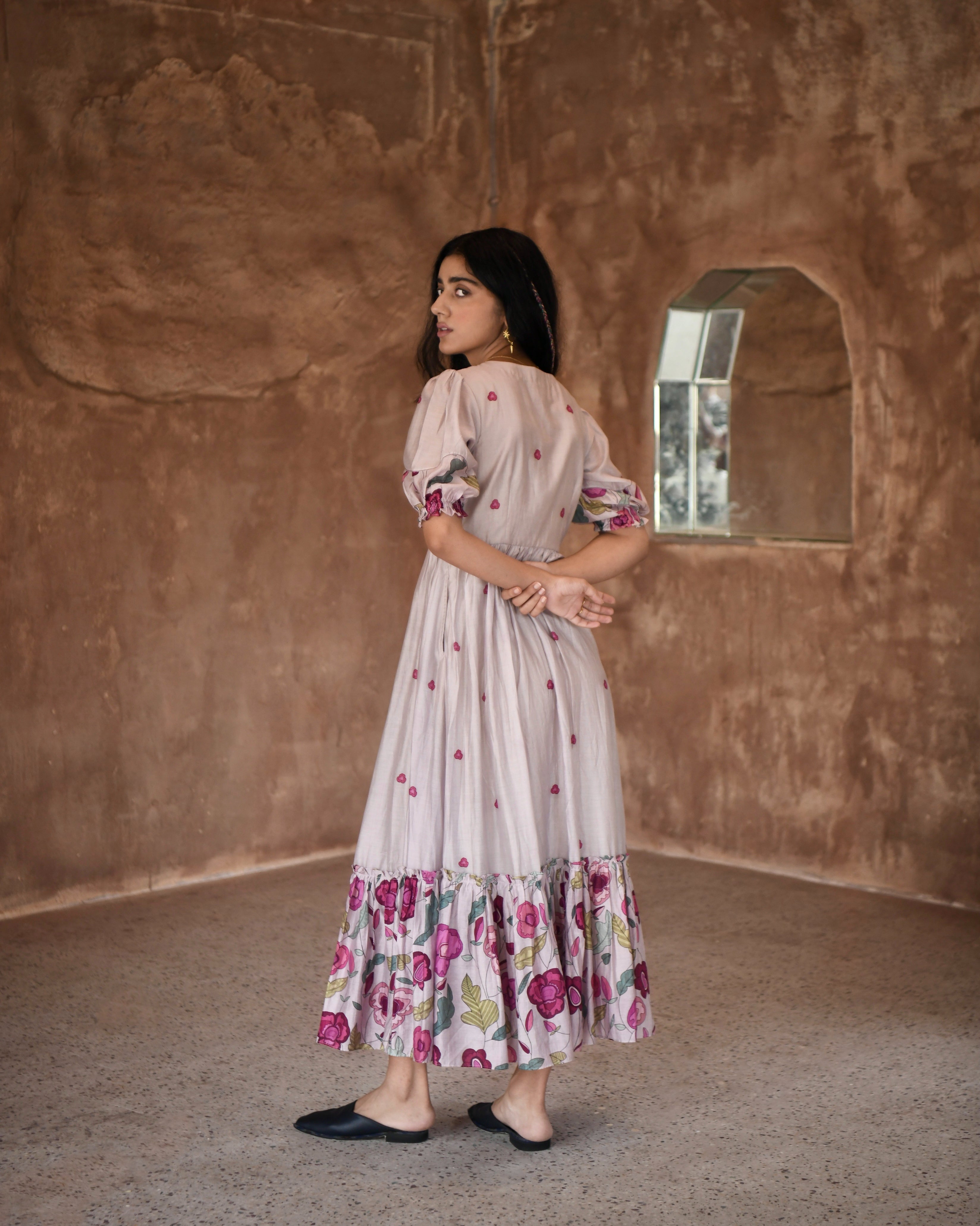 Grey Chanderi Silk Midi Dress by Taro with Azo Free Dyes, Beads, Beads work, Casual Wear, Chanderi Silk, Embroidered, Fitted At Bust, Garden of Dreams by Taro, Garden of Dreams by The Loom Art, Grey, July Sale, July Sale 2023, Kurtas, Midi Dresses, Prints, Tiered Dresses, Womenswear at Kamakhyaa for sustainable fashion