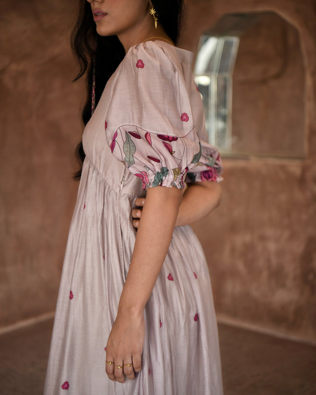 Grey Chanderi Silk Midi Dress by Taro with Azo Free Dyes, Beads, Beads work, Casual Wear, Chanderi Silk, Embroidered, Fitted At Bust, Garden of Dreams by Taro, Garden of Dreams by The Loom Art, Grey, July Sale, July Sale 2023, Kurtas, Midi Dresses, Prints, Tiered Dresses, Womenswear at Kamakhyaa for sustainable fashion