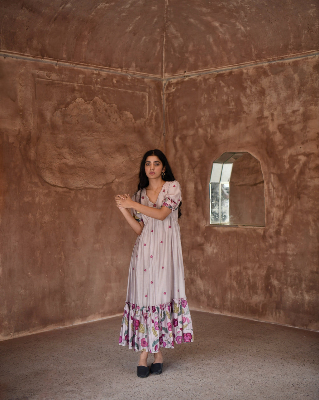 Grey Chanderi Silk Midi Dress by Taro with Azo Free Dyes, Beads, Beads work, Casual Wear, Chanderi Silk, Embroidered, Fitted At Bust, Garden of Dreams by Taro, Garden of Dreams by The Loom Art, Grey, July Sale, July Sale 2023, Kurtas, Midi Dresses, Prints, Tiered Dresses, Womenswear at Kamakhyaa for sustainable fashion