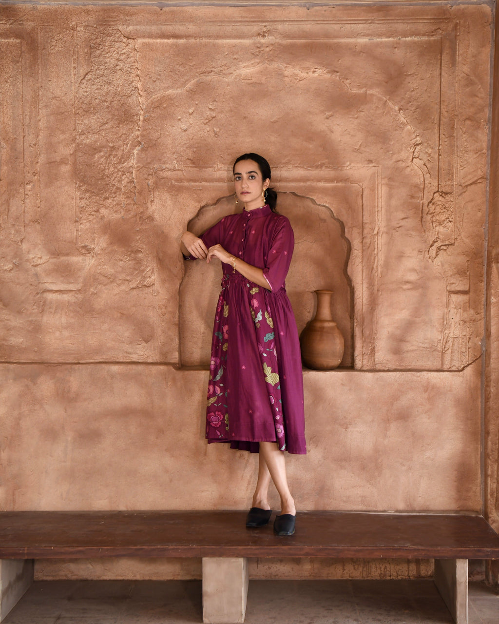 Red Printed Shirt Dress by Taro with Azo Free Dyes, Chanderi Silk, For Anniversary, Garden of Dreams by Taro, Garden of Dreams by The Loom Art, July Sale, July Sale 2023, Office Wear, Prints, Red, Relaxed Fit, Shirt Dresses, Womenswear at Kamakhyaa for sustainable fashion