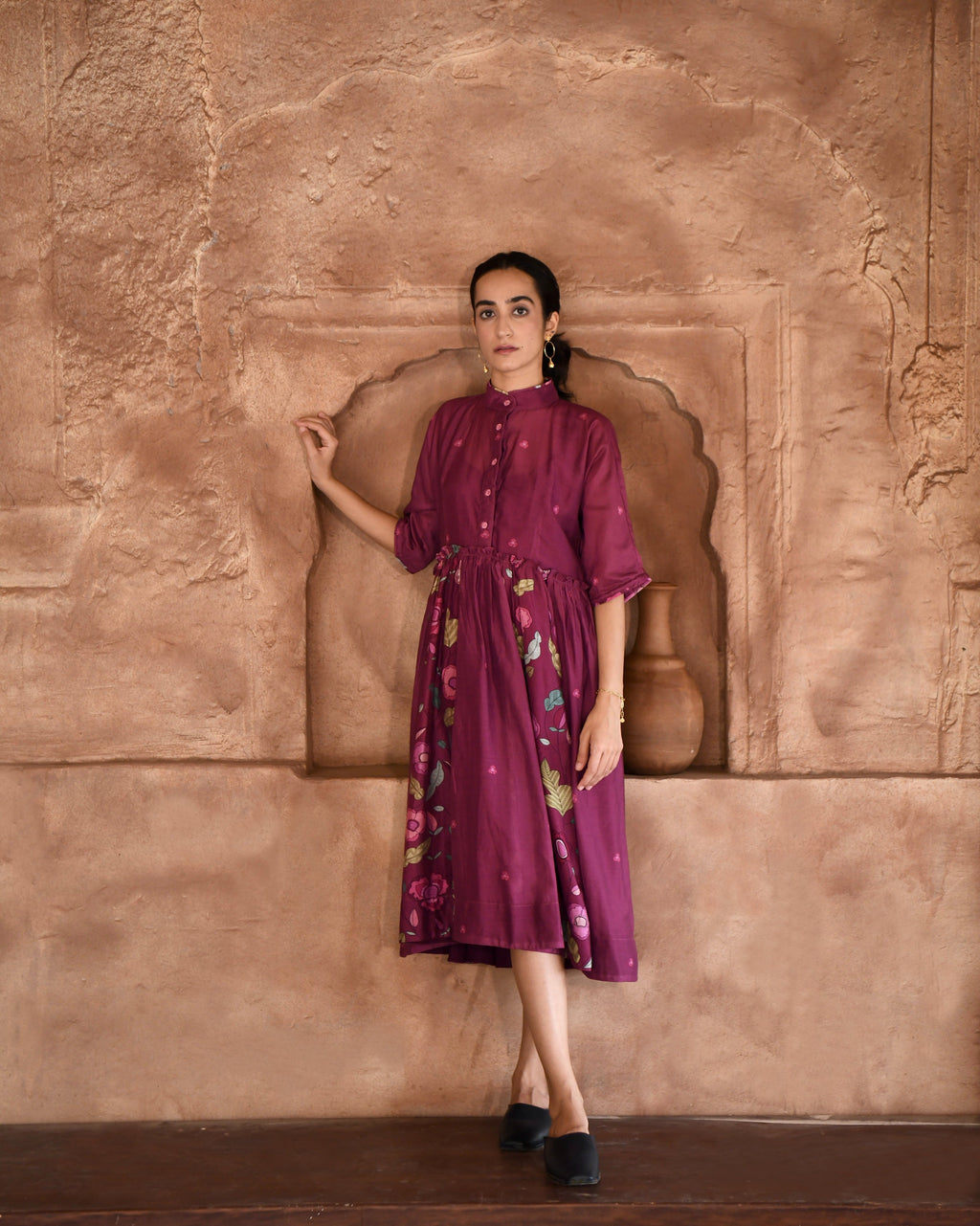 Red Printed Shirt Dress by Taro with Azo Free Dyes, Chanderi Silk, For Anniversary, Garden of Dreams by Taro, Garden of Dreams by The Loom Art, July Sale, July Sale 2023, Office Wear, Prints, Red, Relaxed Fit, Shirt Dresses, Womenswear at Kamakhyaa for sustainable fashion