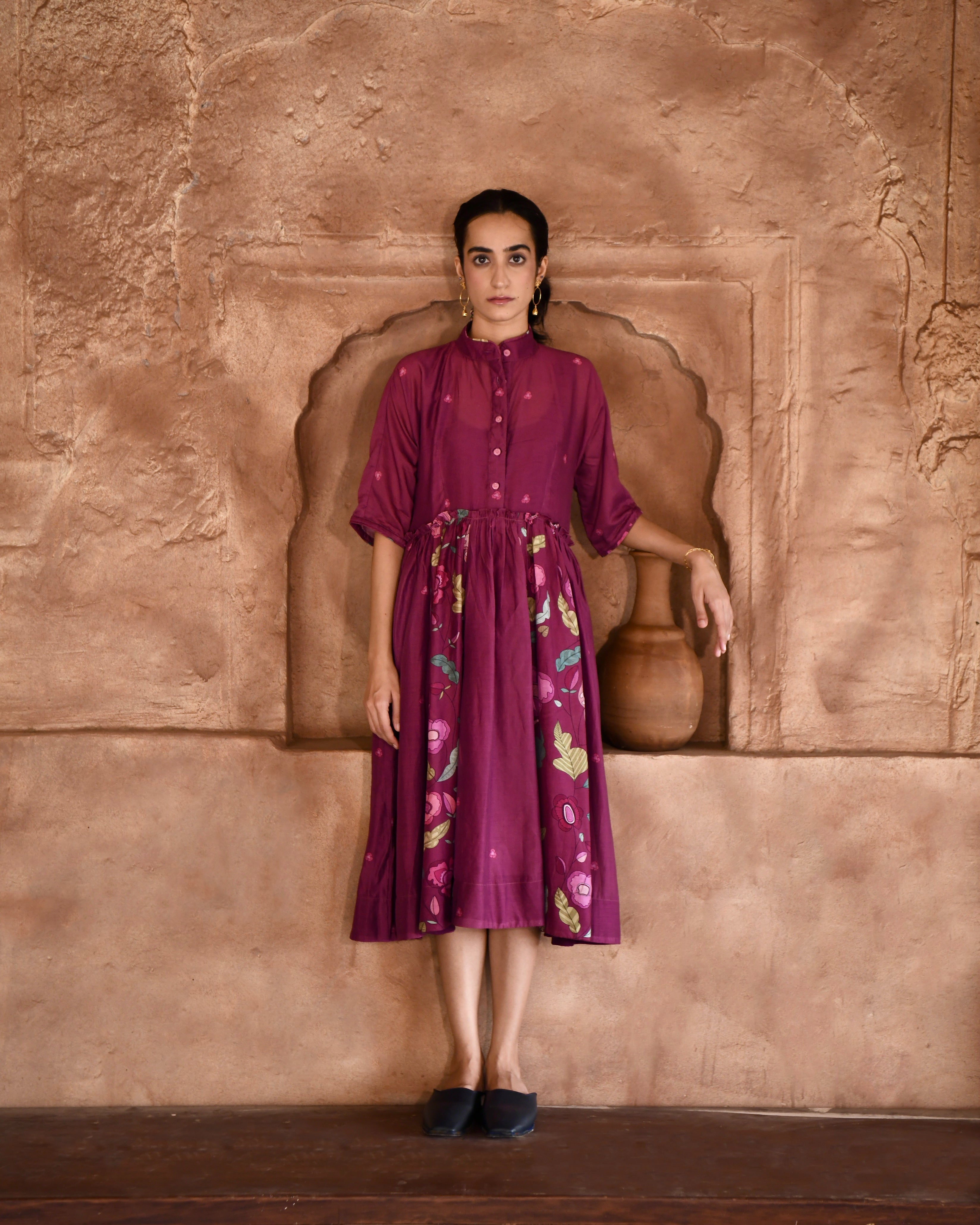 Red Printed Shirt Dress by Taro with Azo Free Dyes, Chanderi Silk, For Anniversary, Garden of Dreams by Taro, Garden of Dreams by The Loom Art, July Sale, July Sale 2023, Office Wear, Prints, Red, Relaxed Fit, Shirt Dresses, Womenswear at Kamakhyaa for sustainable fashion
