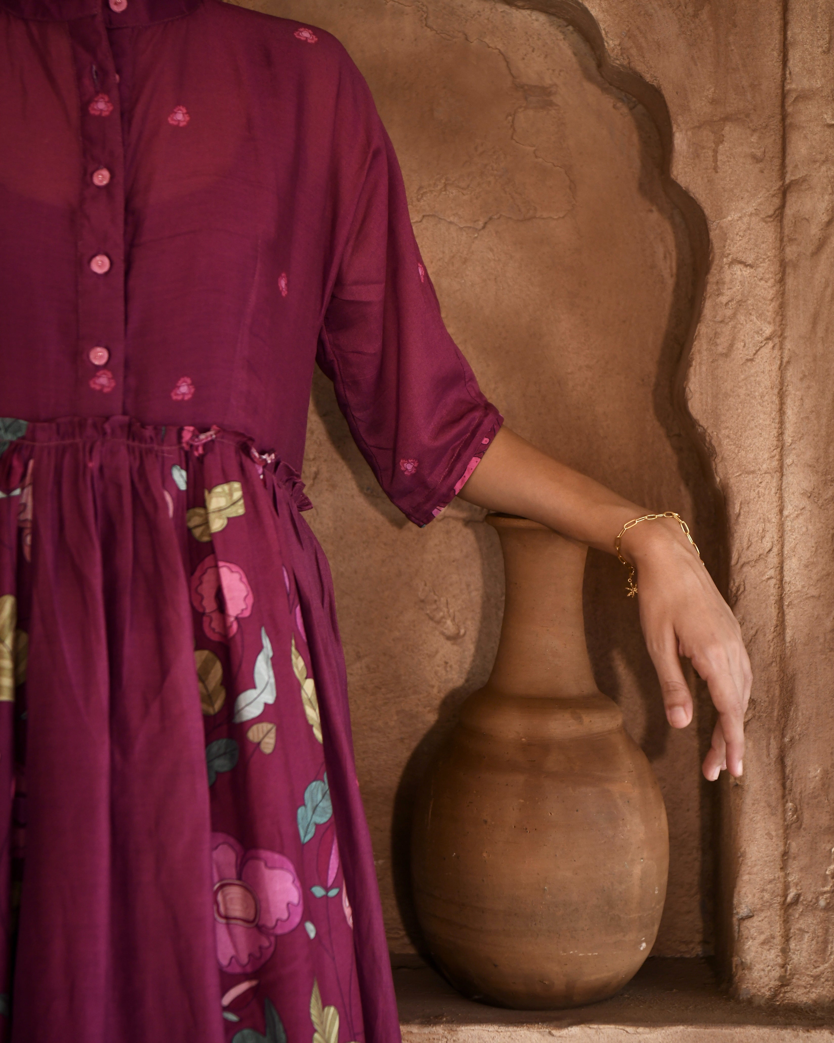 Red Printed Shirt Dress by Taro with Azo Free Dyes, Chanderi Silk, For Anniversary, Garden of Dreams by Taro, Garden of Dreams by The Loom Art, July Sale, July Sale 2023, Office Wear, Prints, Red, Relaxed Fit, Shirt Dresses, Womenswear at Kamakhyaa for sustainable fashion