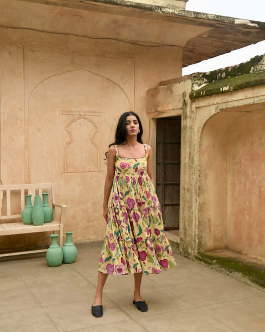 Yellow Printed Midi Dress by Taro with Azo Free Dyes, Evening Wear, Garden of Dreams by Taro, Garden of Dreams by The Loom Art, Handwoven, July Sale, July Sale 2023, Midi Dresses, Mulmul, Prints, Regular Fit, Sleeveless Dresses, Womenswear, Yellow at Kamakhyaa for sustainable fashion