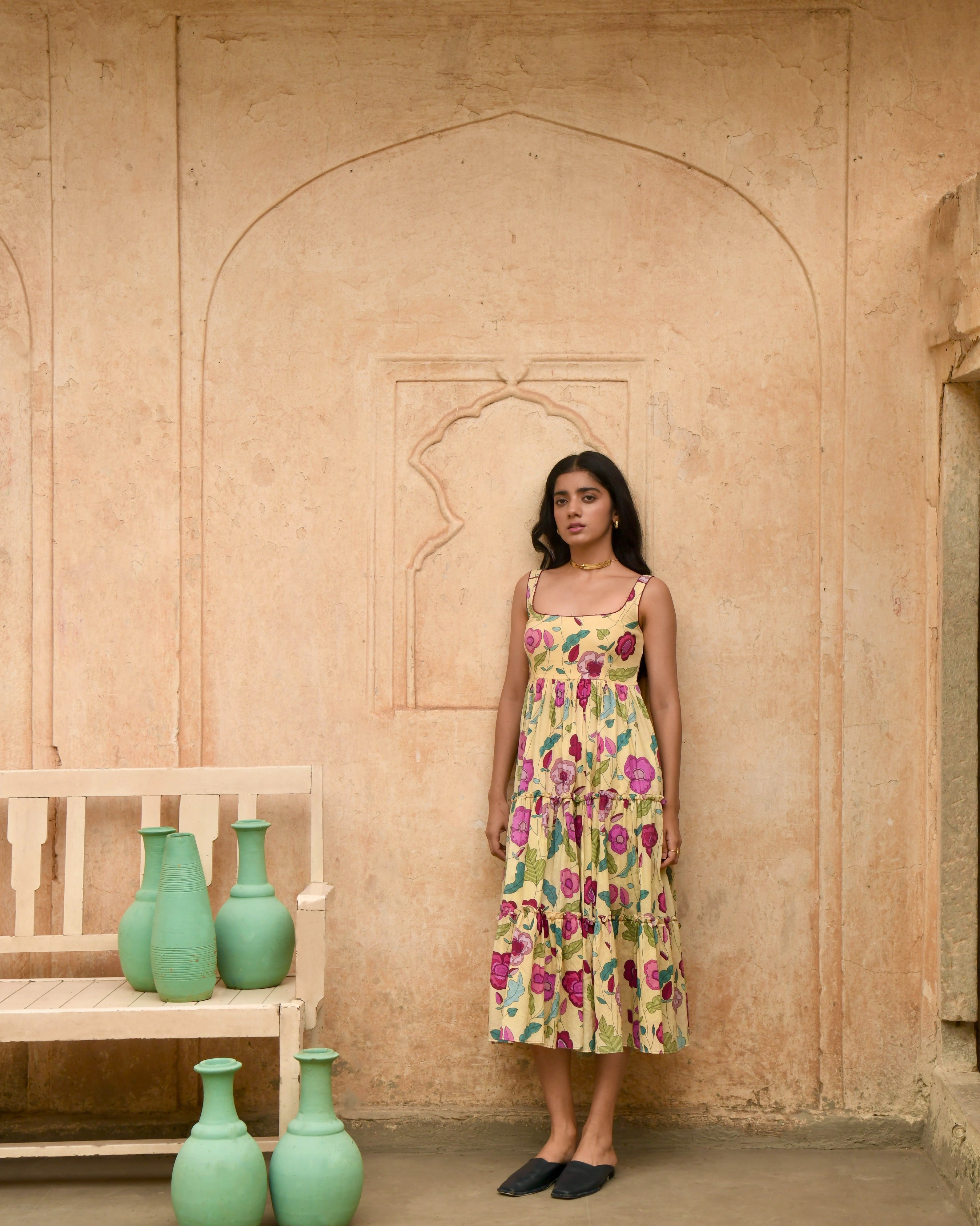 Yellow Printed Midi Dress by Taro with Azo Free Dyes, Evening Wear, Garden of Dreams by Taro, Garden of Dreams by The Loom Art, Handwoven, July Sale, July Sale 2023, Midi Dresses, Mulmul, Prints, Regular Fit, Sleeveless Dresses, Womenswear, Yellow at Kamakhyaa for sustainable fashion