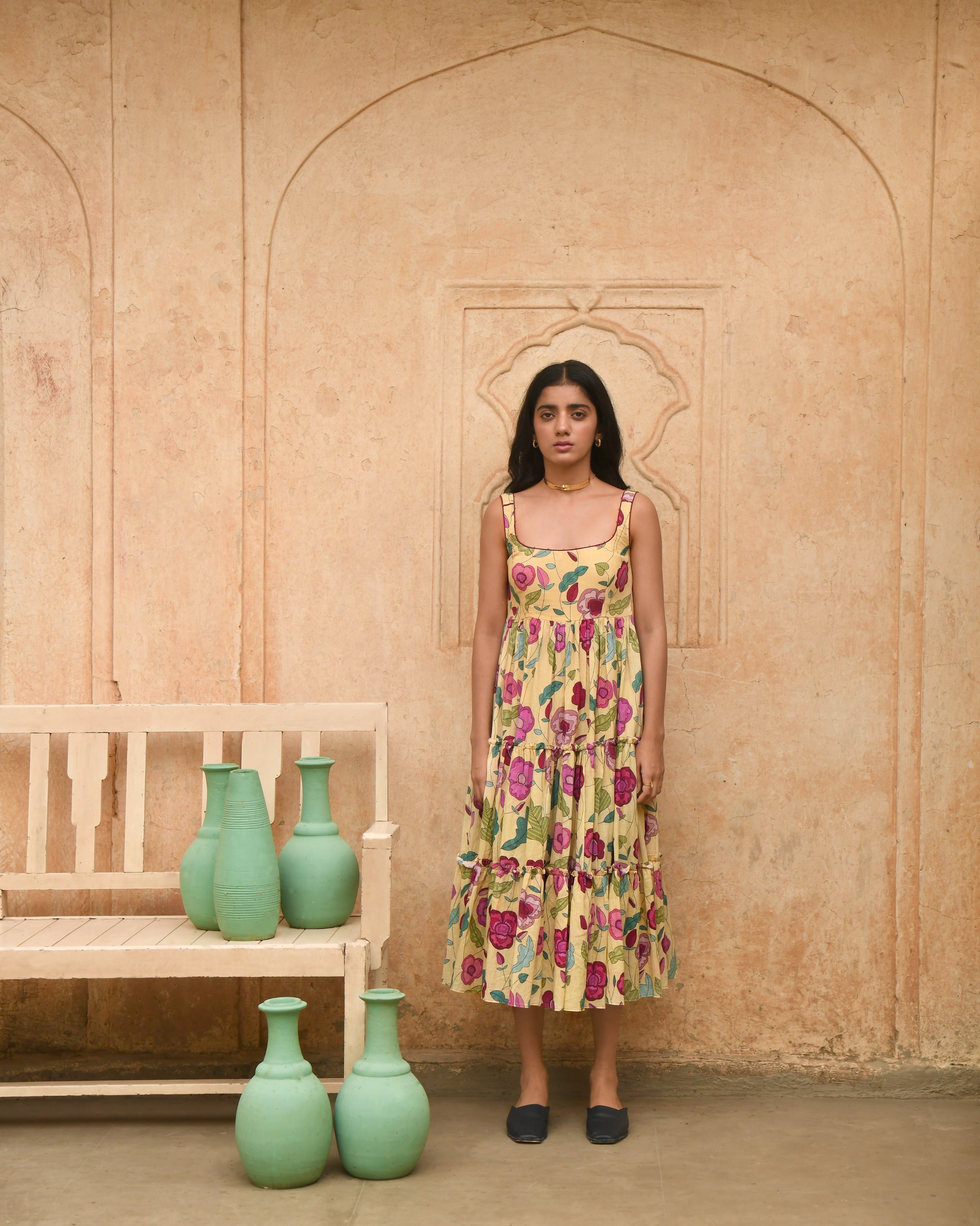 Yellow Printed Midi Dress by Taro with Azo Free Dyes, Evening Wear, Garden of Dreams by Taro, Garden of Dreams by The Loom Art, Handwoven, July Sale, July Sale 2023, Midi Dresses, Mulmul, Prints, Regular Fit, Sleeveless Dresses, Womenswear, Yellow at Kamakhyaa for sustainable fashion