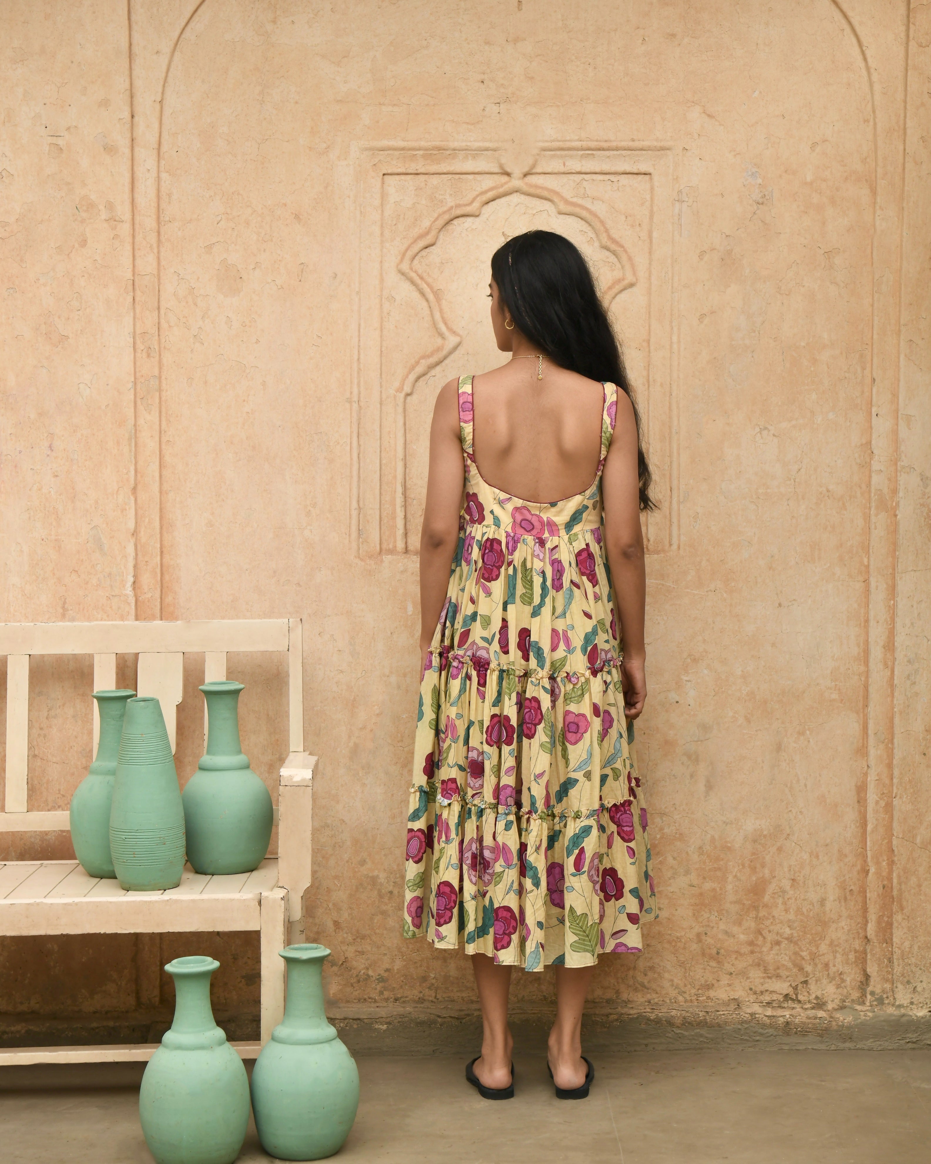 Yellow Printed Midi Dress by Taro with Azo Free Dyes, Evening Wear, Garden of Dreams by Taro, Garden of Dreams by The Loom Art, Handwoven, July Sale, July Sale 2023, Midi Dresses, Mulmul, Prints, Regular Fit, Sleeveless Dresses, Womenswear, Yellow at Kamakhyaa for sustainable fashion