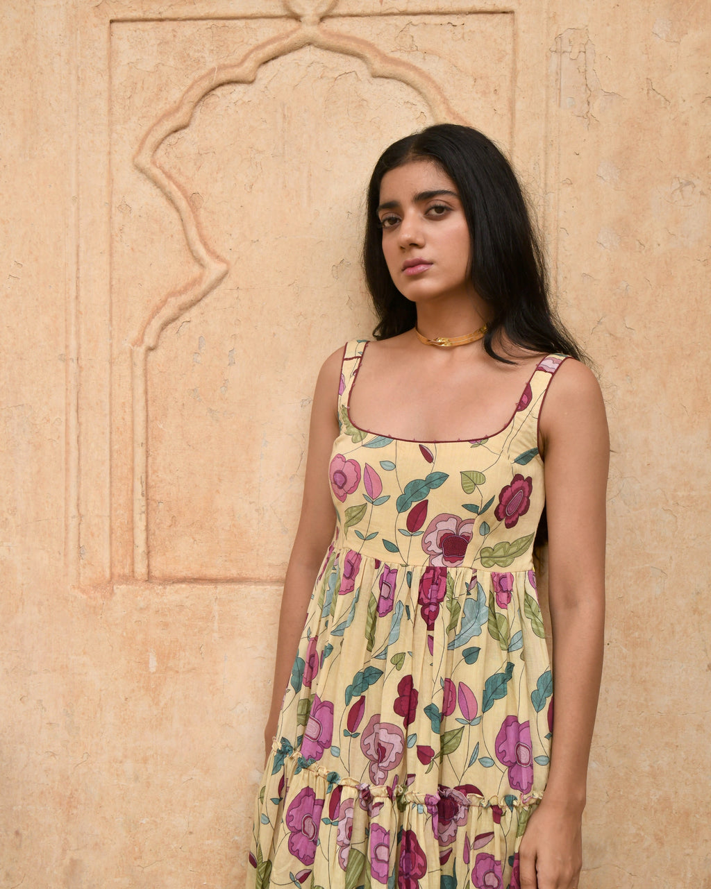Yellow Printed Midi Dress by Taro with Azo Free Dyes, Evening Wear, Garden of Dreams by Taro, Garden of Dreams by The Loom Art, Handwoven, July Sale, July Sale 2023, Midi Dresses, Mulmul, Prints, Regular Fit, Sleeveless Dresses, Womenswear, Yellow at Kamakhyaa for sustainable fashion