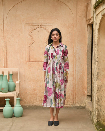 Grey Printed Shirt Dress by Taro with Azo Free Dyes, Best Selling, Casual Wear, Chanderi Silk, FB ADS JUNE, Garden of Dreams by Taro, Garden of Dreams by The Loom Art, Grey, July Sale, July Sale 2023, Prints, Regular Fit, Shirt Dresses, Womenswear at Kamakhyaa for sustainable fashion