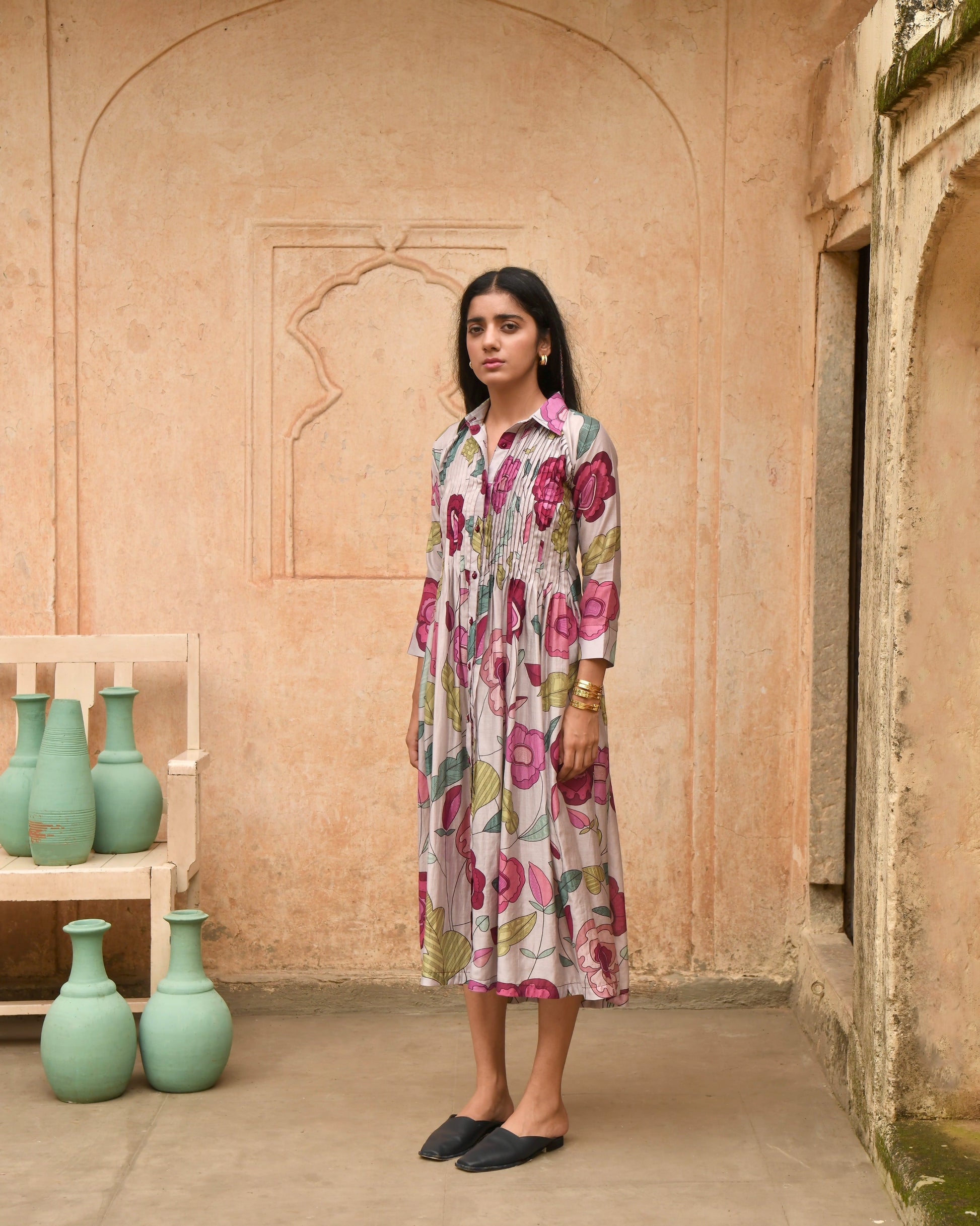 Grey Printed Shirt Dress by Taro with Azo Free Dyes, Best Selling, Casual Wear, Chanderi Silk, FB ADS JUNE, Garden of Dreams by Taro, Garden of Dreams by The Loom Art, Grey, July Sale, July Sale 2023, Prints, Regular Fit, Shirt Dresses, Womenswear at Kamakhyaa for sustainable fashion