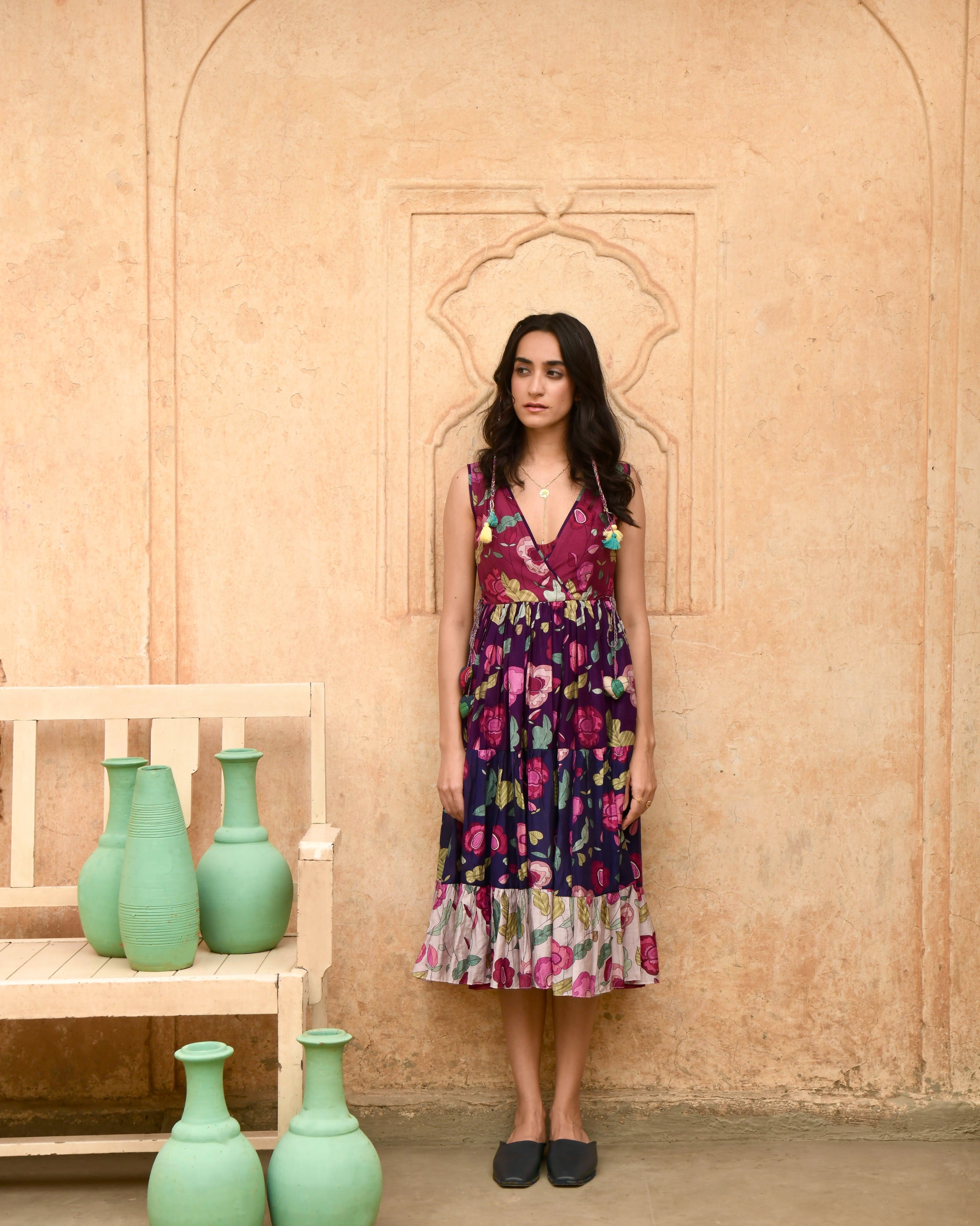 Multicolor Tiered Dress by Taro with Azo Free Dyes, Best Selling, Casual Wear, Chanderi Silk, FB ADS JUNE, Garden of Dreams by Taro, Garden of Dreams by The Loom Art, July Sale, July Sale 2023, Midi Dresses, Multicolor, Prints, Regular Fit, Sleeveless Dresses, Tiered Dresses, Womenswear at Kamakhyaa for sustainable fashion