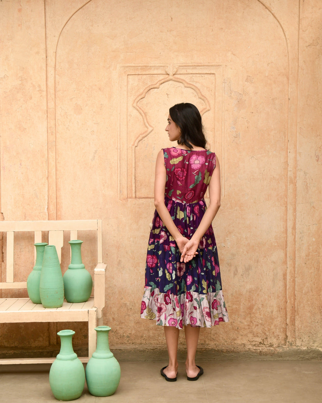 Multicolor Tiered Dress by Taro with Azo Free Dyes, Best Selling, Casual Wear, Chanderi Silk, FB ADS JUNE, Garden of Dreams by Taro, Garden of Dreams by The Loom Art, July Sale, July Sale 2023, Midi Dresses, Multicolor, Prints, Regular Fit, Sleeveless Dresses, Tiered Dresses, Womenswear at Kamakhyaa for sustainable fashion