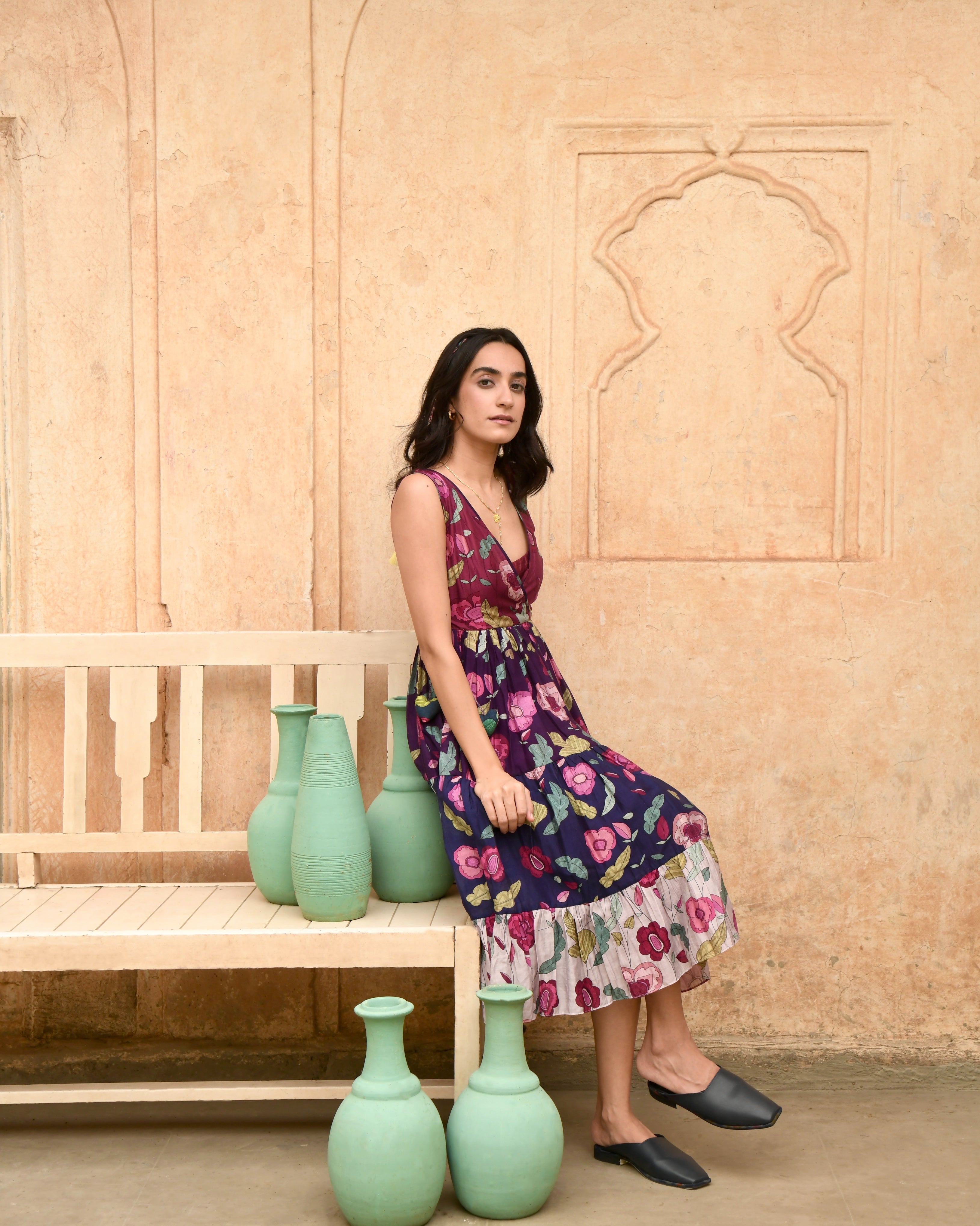 Multicolor Tiered Dress by Taro with Azo Free Dyes, Best Selling, Casual Wear, Chanderi Silk, FB ADS JUNE, Garden of Dreams by Taro, Garden of Dreams by The Loom Art, July Sale, July Sale 2023, Midi Dresses, Multicolor, Prints, Regular Fit, Sleeveless Dresses, Tiered Dresses, Womenswear at Kamakhyaa for sustainable fashion