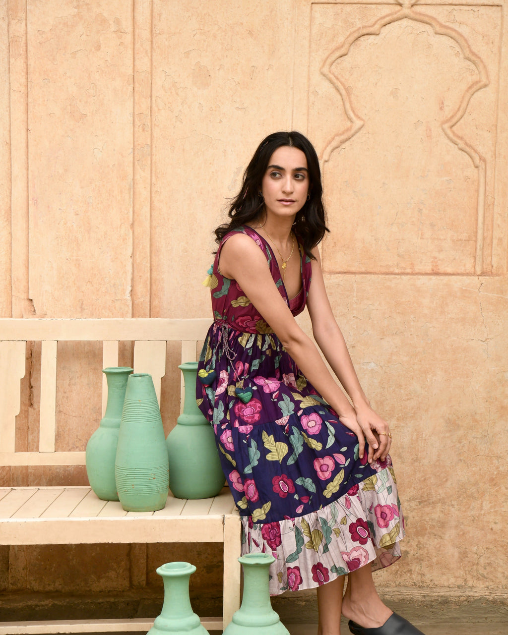 Multicolor Tiered Dress by Taro with Azo Free Dyes, Best Selling, Casual Wear, Chanderi Silk, FB ADS JUNE, Garden of Dreams by Taro, Garden of Dreams by The Loom Art, July Sale, July Sale 2023, Midi Dresses, Multicolor, Prints, Regular Fit, Sleeveless Dresses, Tiered Dresses, Womenswear at Kamakhyaa for sustainable fashion
