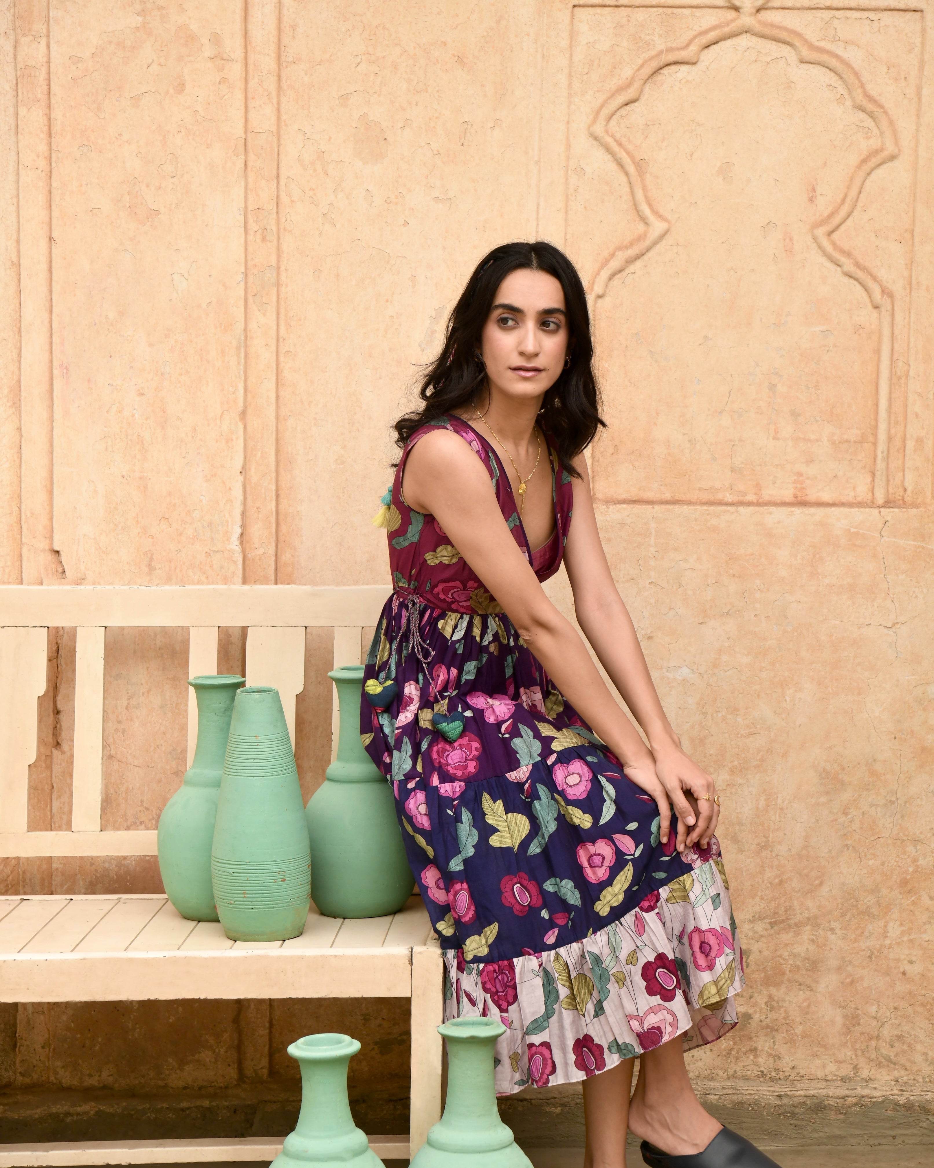 Multicolor Tiered Dress by Taro with Azo Free Dyes, Best Selling, Casual Wear, Chanderi Silk, FB ADS JUNE, Garden of Dreams by Taro, Garden of Dreams by The Loom Art, July Sale, July Sale 2023, Midi Dresses, Multicolor, Prints, Regular Fit, Sleeveless Dresses, Tiered Dresses, Womenswear at Kamakhyaa for sustainable fashion