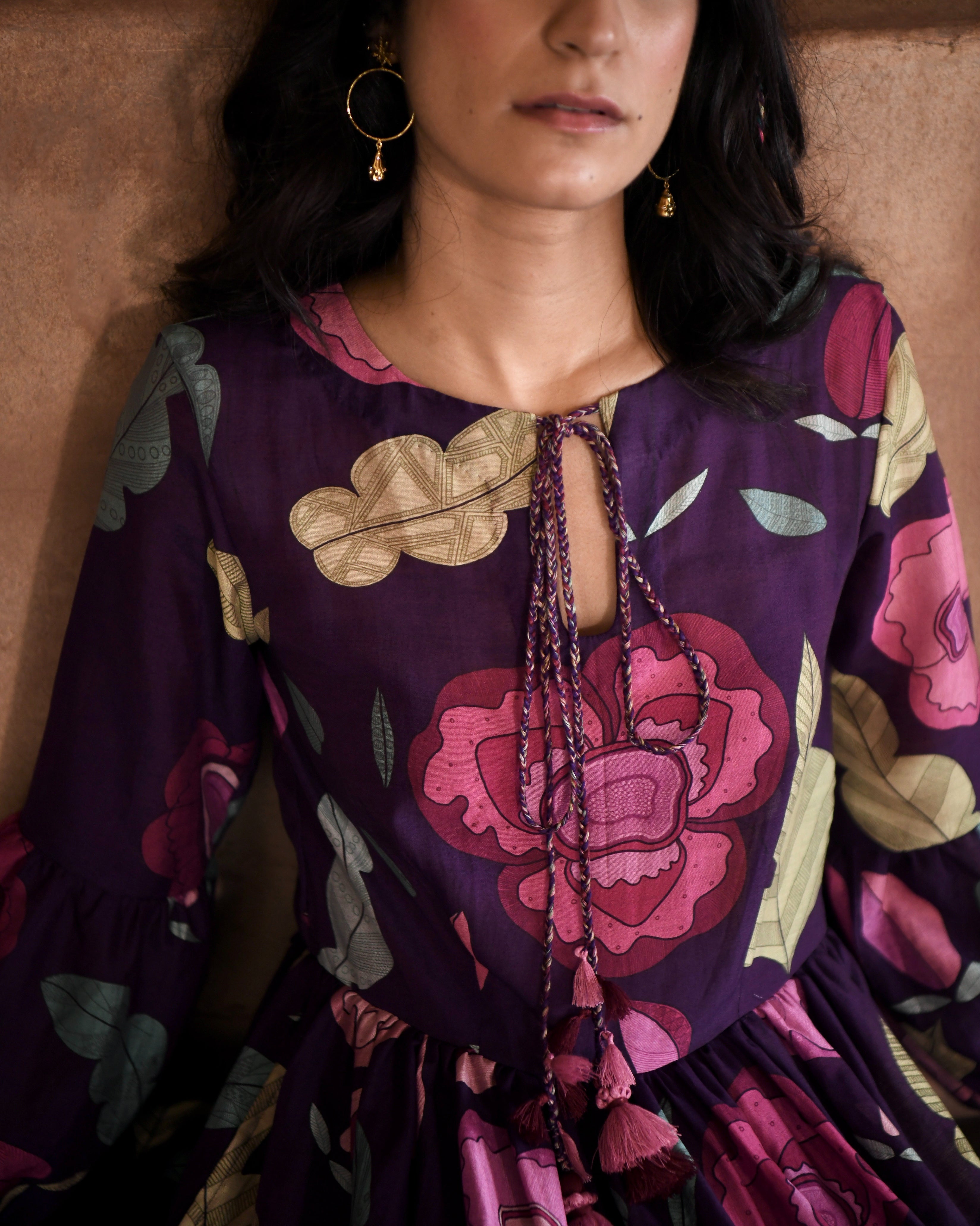 Purple Printed Maxi Dress by Taro with Azo Free Dyes, Chanderi Silk, Fusion Wear, Garden of Dreams by Taro, Garden of Dreams by The Loom Art, July Sale, July Sale 2023, Maxi Dresses, Prints, Purple, Relaxed Fit, Tiered Dresses, Womenswear at Kamakhyaa for sustainable fashion