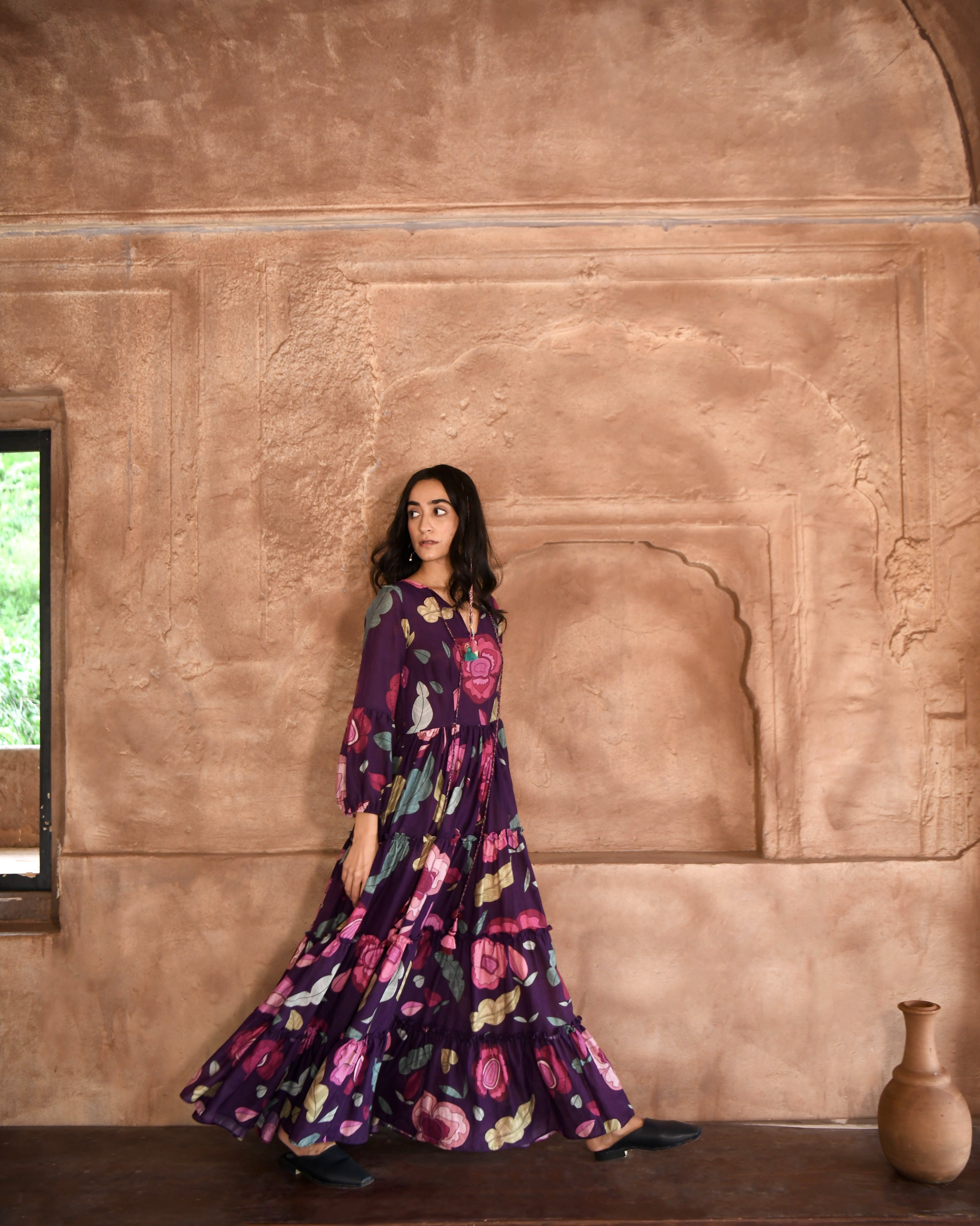 Purple Printed Maxi Dress by Taro with Azo Free Dyes, Chanderi Silk, Fusion Wear, Garden of Dreams by Taro, Garden of Dreams by The Loom Art, July Sale, July Sale 2023, Maxi Dresses, Prints, Purple, Relaxed Fit, Tiered Dresses, Womenswear at Kamakhyaa for sustainable fashion