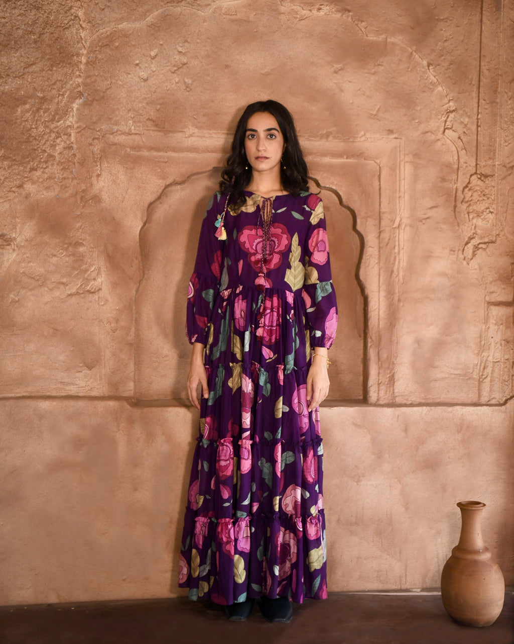 Purple Printed Maxi Dress by Taro with Azo Free Dyes, Chanderi Silk, Fusion Wear, Garden of Dreams by Taro, Garden of Dreams by The Loom Art, July Sale, July Sale 2023, Maxi Dresses, Prints, Purple, Relaxed Fit, Tiered Dresses, Womenswear at Kamakhyaa for sustainable fashion