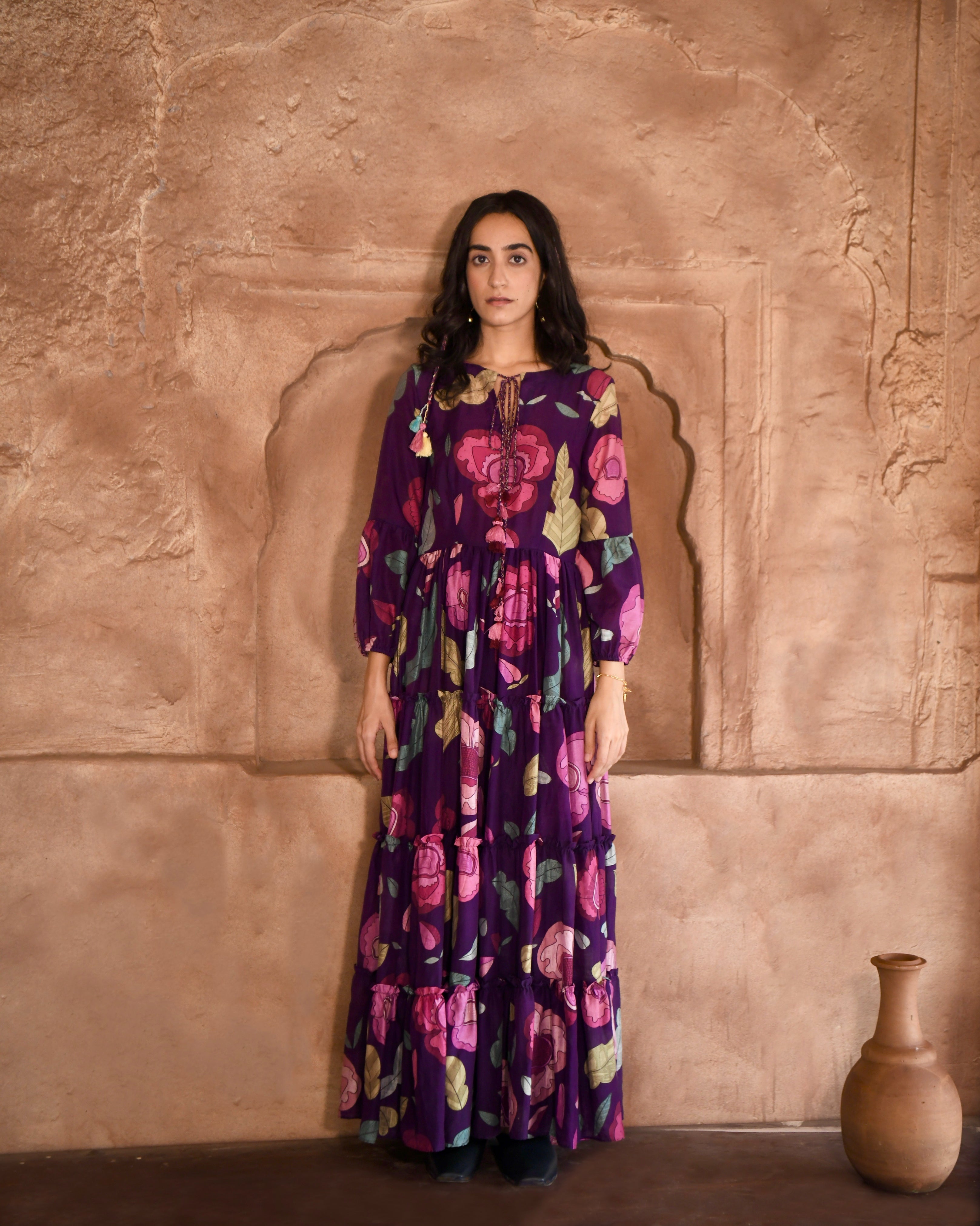 Purple Printed Maxi Dress by Taro with Azo Free Dyes, Chanderi Silk, Fusion Wear, Garden of Dreams by Taro, Garden of Dreams by The Loom Art, July Sale, July Sale 2023, Maxi Dresses, Prints, Purple, Relaxed Fit, Tiered Dresses, Womenswear at Kamakhyaa for sustainable fashion
