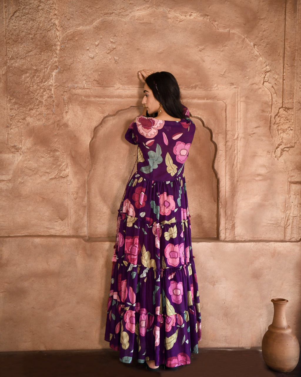 Purple Printed Maxi Dress by Taro with Azo Free Dyes, Chanderi Silk, Fusion Wear, Garden of Dreams by Taro, Garden of Dreams by The Loom Art, July Sale, July Sale 2023, Maxi Dresses, Prints, Purple, Relaxed Fit, Tiered Dresses, Womenswear at Kamakhyaa for sustainable fashion