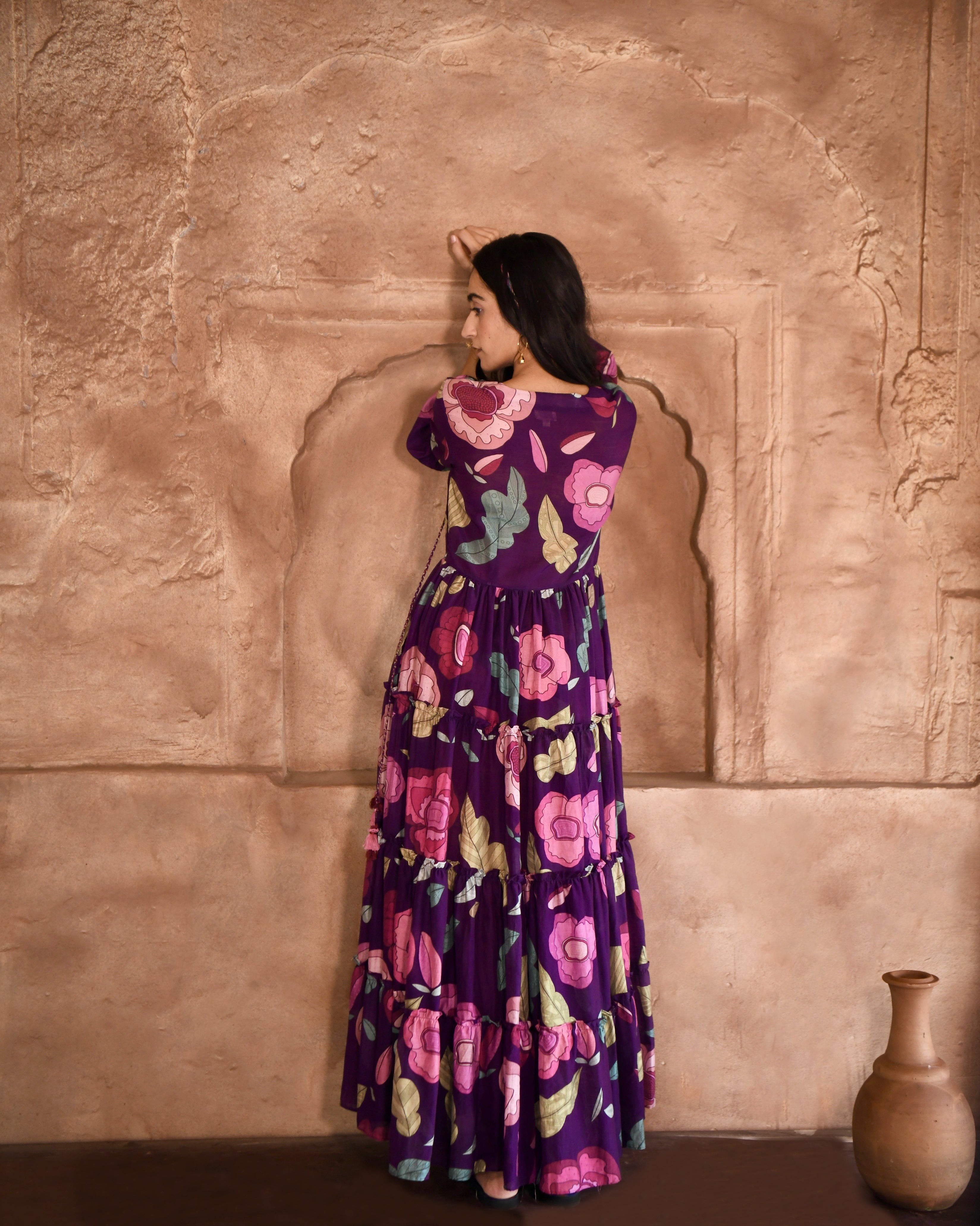 Purple Printed Maxi Dress by Taro with Azo Free Dyes, Chanderi Silk, Fusion Wear, Garden of Dreams by Taro, Garden of Dreams by The Loom Art, July Sale, July Sale 2023, Maxi Dresses, Prints, Purple, Relaxed Fit, Tiered Dresses, Womenswear at Kamakhyaa for sustainable fashion