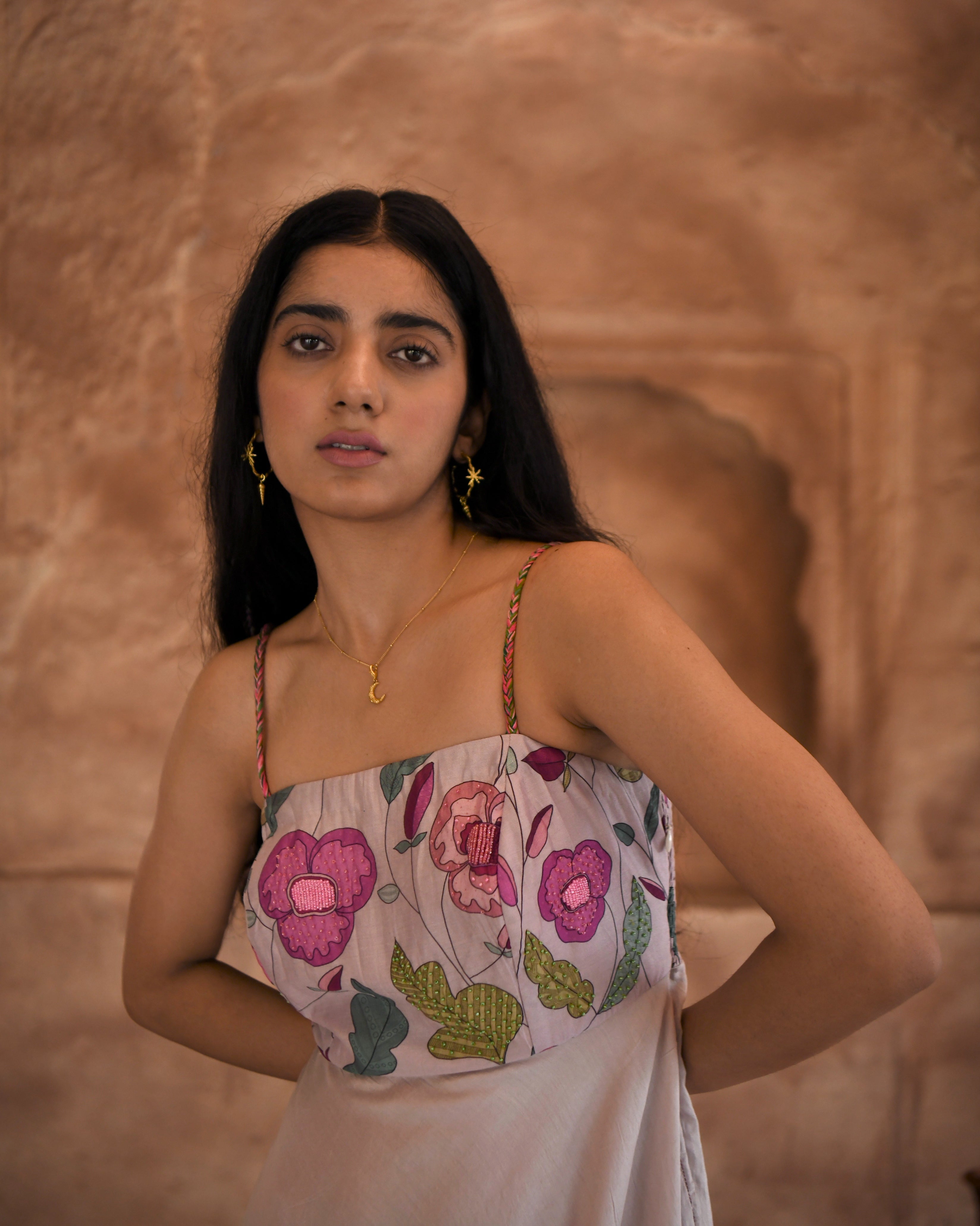 Grey Printed Midi Dress by Taro with Azo Free Dyes, Beads, Beads work, Chanderi Silk, Fitted At Bust, Garden of Dreams by Taro, Garden of Dreams by The Loom Art, Grey, July Sale, July Sale 2023, Midi Dresses, Prints, Resort Wear, Sleeveless Dresses, Womenswear at Kamakhyaa for sustainable fashion