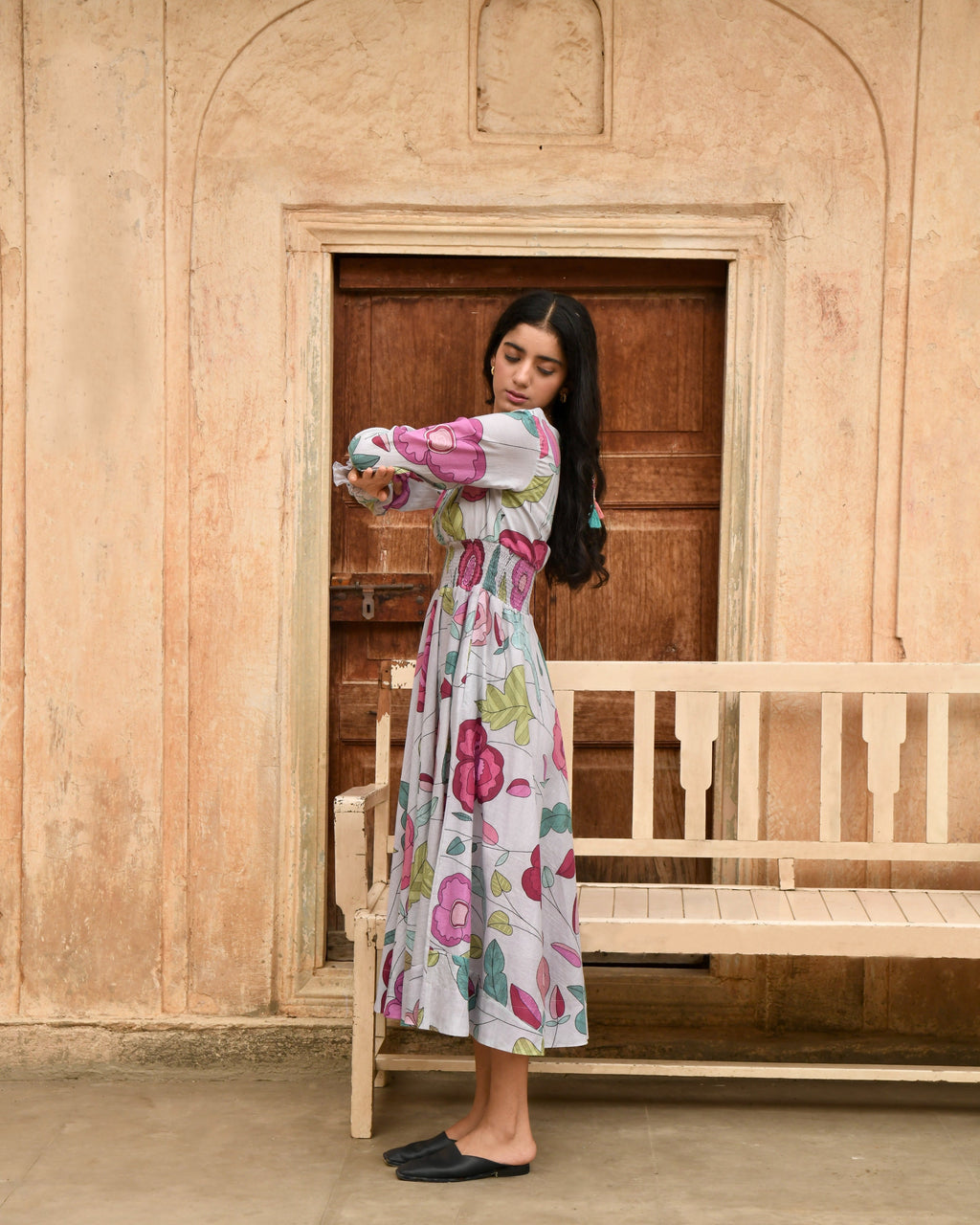 Grey Printed Midi Dress by Taro with Azo Free Dyes, Casual Wear, Fitted At Waist, Garden of Dreams by Taro, Garden of Dreams by The Loom Art, Grey, Handwoven, July Sale, July Sale 2023, Midi Dresses, Mulmul, Prints, Womenswear at Kamakhyaa for sustainable fashion