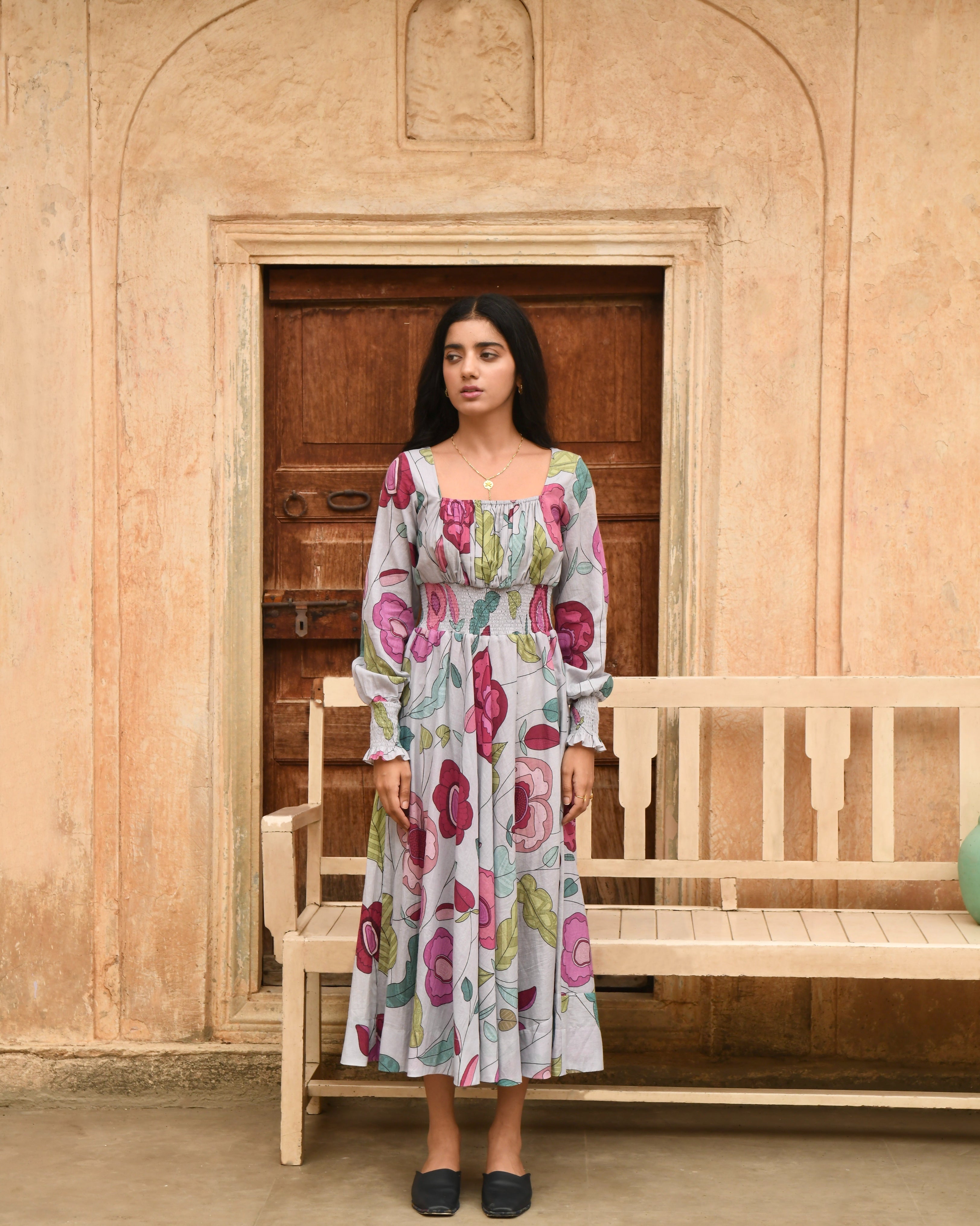 Grey Printed Midi Dress by Taro with Azo Free Dyes, Casual Wear, Fitted At Waist, Garden of Dreams by Taro, Garden of Dreams by The Loom Art, Grey, Handwoven, July Sale, July Sale 2023, Midi Dresses, Mulmul, Prints, Womenswear at Kamakhyaa for sustainable fashion