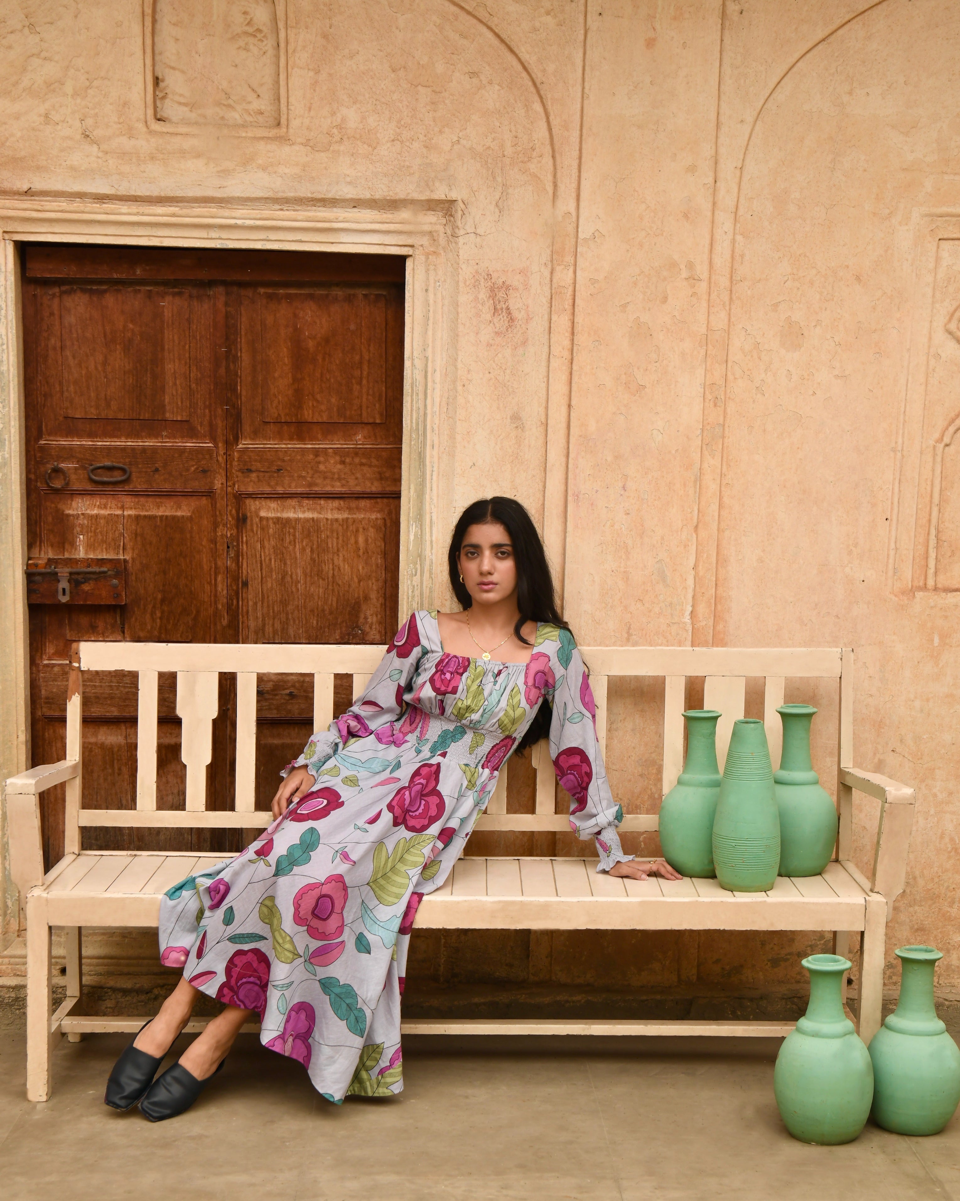 Grey Printed Midi Dress by Taro with Azo Free Dyes, Casual Wear, Fitted At Waist, Garden of Dreams by Taro, Garden of Dreams by The Loom Art, Grey, Handwoven, July Sale, July Sale 2023, Midi Dresses, Mulmul, Prints, Womenswear at Kamakhyaa for sustainable fashion