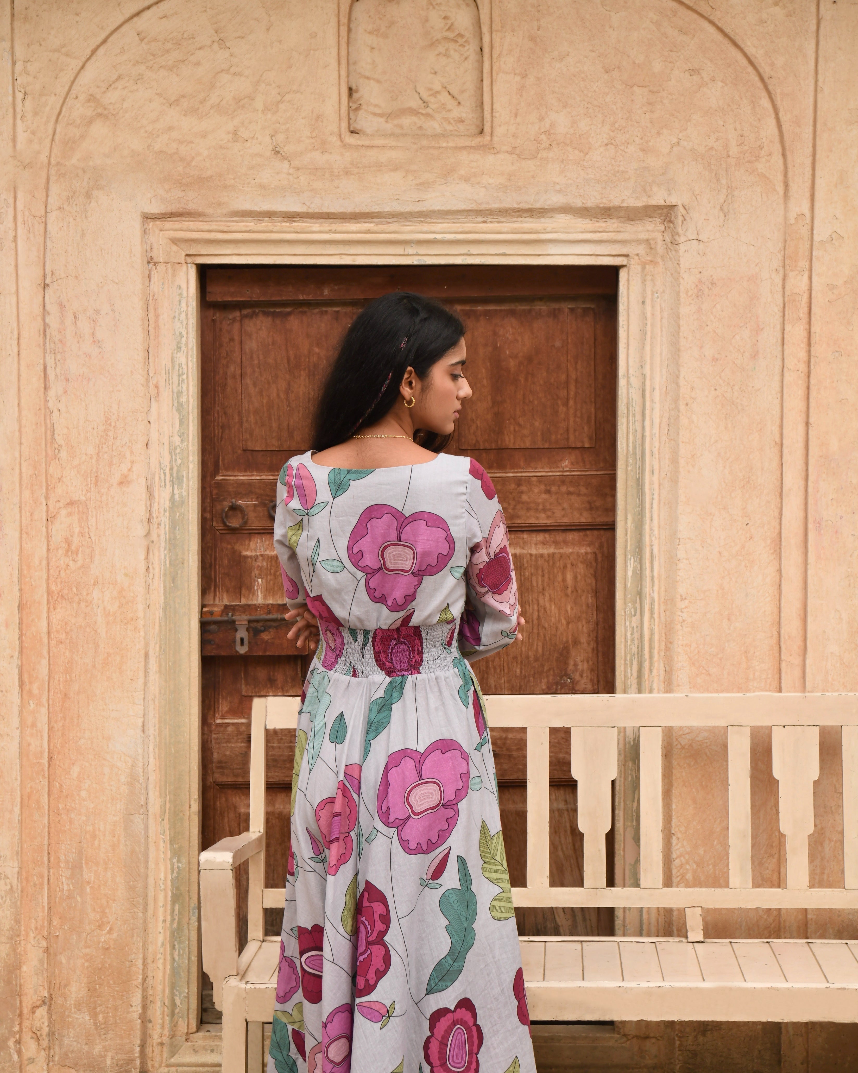 Grey Printed Midi Dress by Taro with Azo Free Dyes, Casual Wear, Fitted At Waist, Garden of Dreams by Taro, Garden of Dreams by The Loom Art, Grey, Handwoven, July Sale, July Sale 2023, Midi Dresses, Mulmul, Prints, Womenswear at Kamakhyaa for sustainable fashion