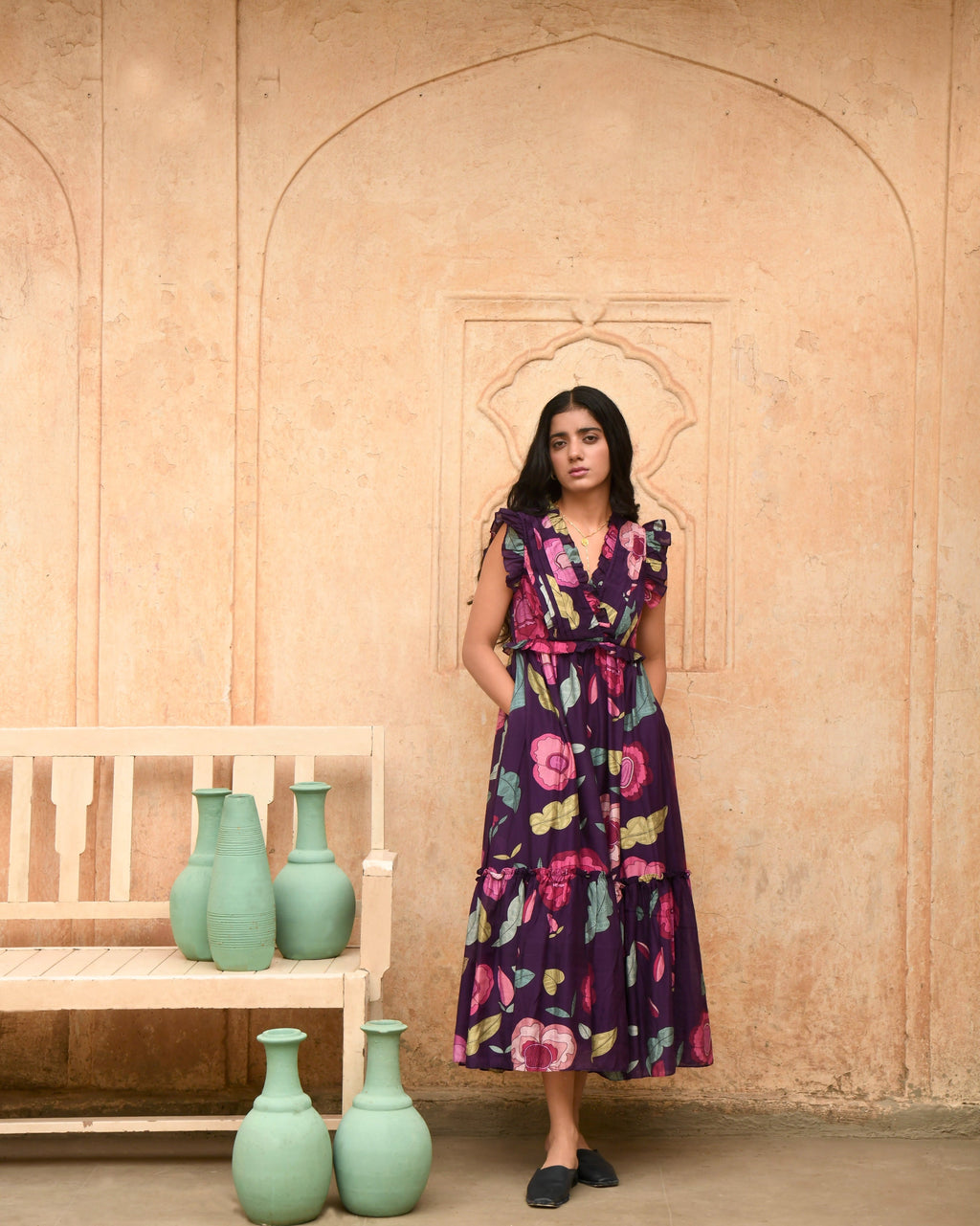 Purple Printed Midi Dress by Taro with Azo Free Dyes, Best Selling, Casual Wear, Chanderi Silk, FB ADS JUNE, Garden of Dreams by Taro, Garden of Dreams by The Loom Art, July Sale, July Sale 2023, Midi Dresses, Prints, Purple, Sleeveless Dresses, Womenswear at Kamakhyaa for sustainable fashion