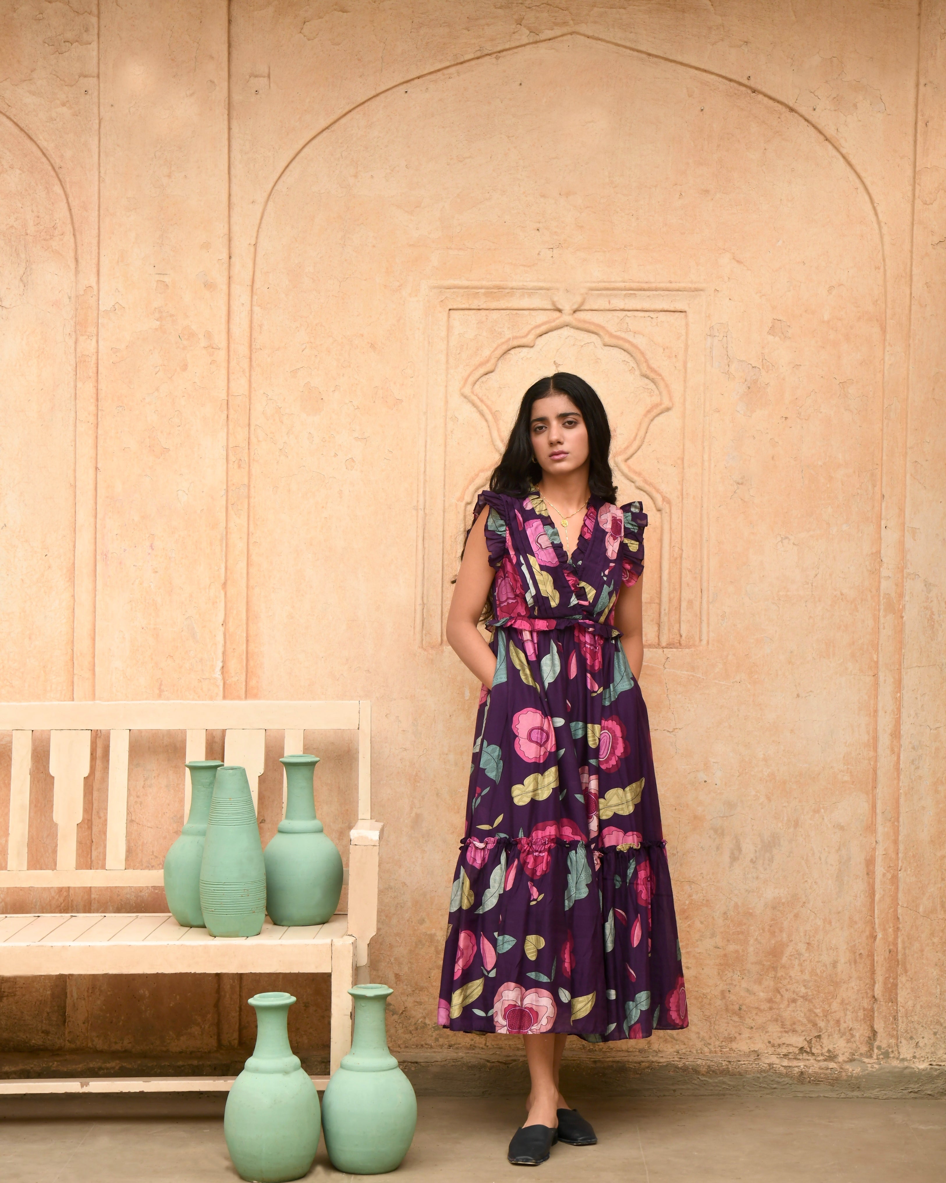 Purple Printed Midi Dress by Taro with Azo Free Dyes, Best Selling, Casual Wear, Chanderi Silk, FB ADS JUNE, Garden of Dreams by Taro, Garden of Dreams by The Loom Art, July Sale, July Sale 2023, Midi Dresses, Prints, Purple, Sleeveless Dresses, Womenswear at Kamakhyaa for sustainable fashion