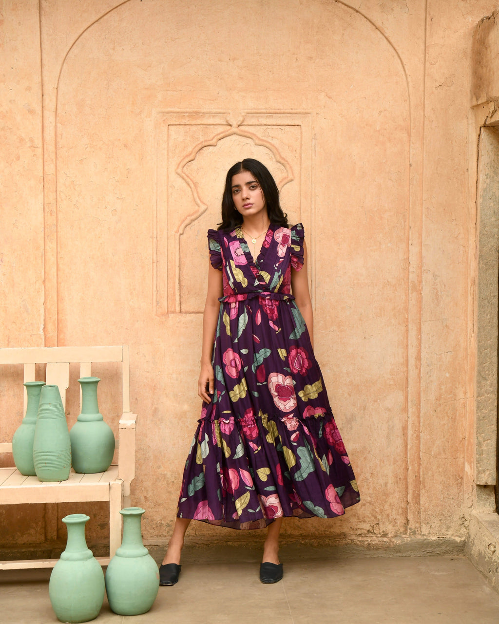 Purple Printed Midi Dress by Taro with Azo Free Dyes, Best Selling, Casual Wear, Chanderi Silk, FB ADS JUNE, Garden of Dreams by Taro, Garden of Dreams by The Loom Art, July Sale, July Sale 2023, Midi Dresses, Prints, Purple, Sleeveless Dresses, Womenswear at Kamakhyaa for sustainable fashion